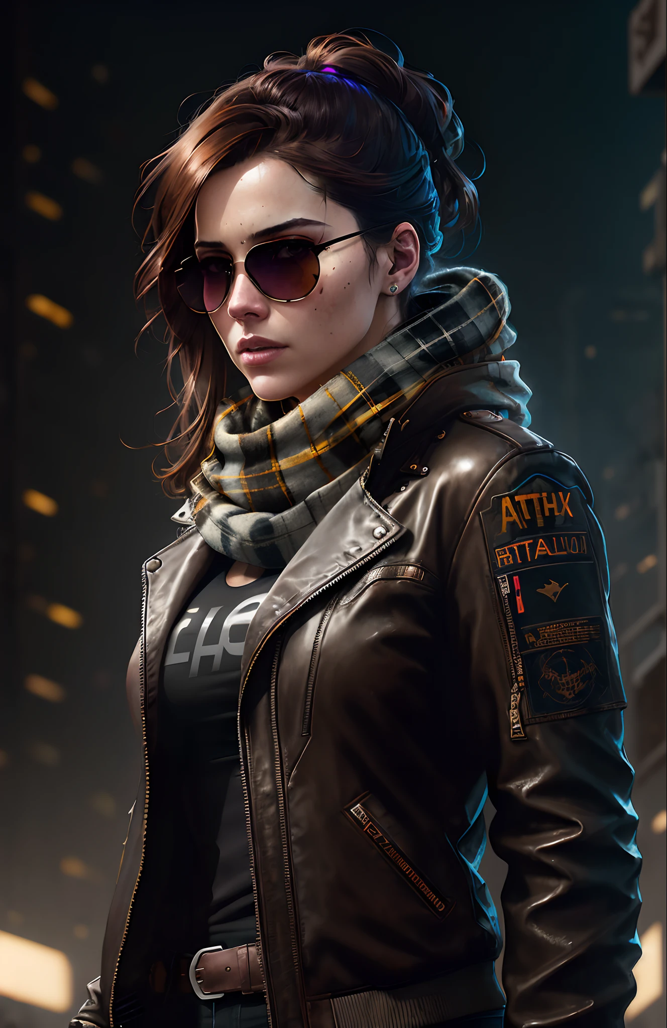 (dark shot:1.1), epic realistic, portrait of halo, sunglasses, blue eyes, tartan scarf, brown leather bomber jacket, auburn hair by atey ghailan, by greg rutkowski, by greg tocchini, by james gilleard, by joe fenton, by kaethe butcher, gradient yellow, black, brown and magenta color scheme, grunge aesthetic!!! graffiti tag wall background, art by greg rutkowski and artgerm, soft cinematic light, adobe lightroom, photolab, hdr, intricate, highly detailed, (depth of field:1.4), faded, (neutral colors:1.2), (hdr:1.4), (muted colors:1.2), hyperdetailed, (artstation:1.4), cinematic, warm lights, dramatic light, (intricate details:1.1), complex background, (rutkowski:0.66), (teal and orange:0.4)