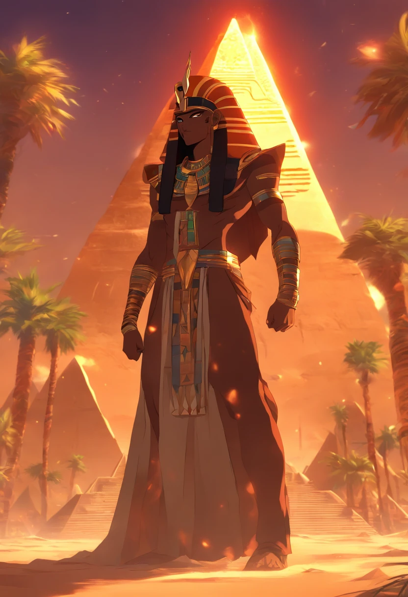 (((Seth))) best quality, ultra-high resolution, 4K detailed CG, master piece, seth, god of chaos, Egyptian mythology, expression of evil, Egyptian clothing, desert, aesthetics, Beautiful image, centered on screen, pyramids in the background, palm trees