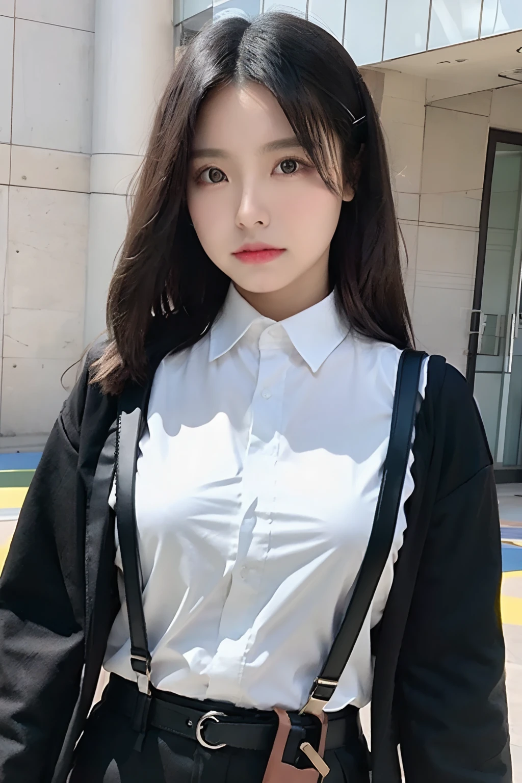 ​masterpiece、top-quality、The ultra -The high-definition、、colourfull、flat-colors、depth of fields、lens flare 1 girl、、A dark-haired、watching at viewers　Suits　Cutter shirt　a belt　suspenders　working adults　materia　OL　Black Suit　Black jacket　glares　large full breasts