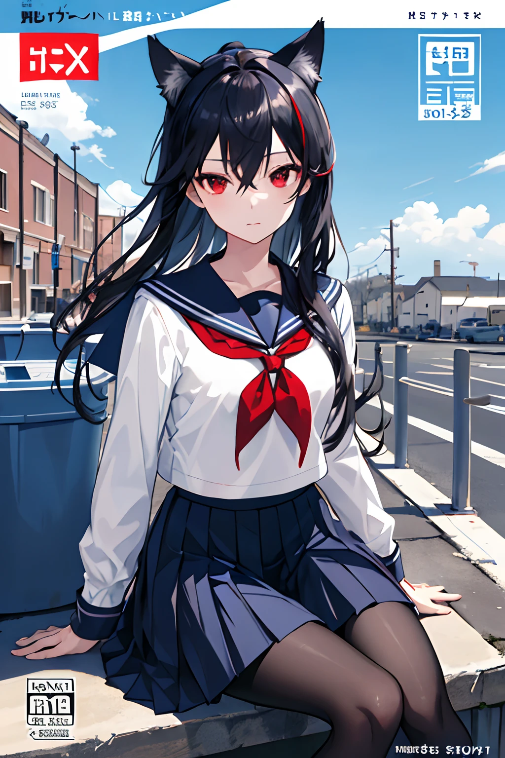 ((masterpiece, best quality)),a girl, solo, skirt, sky, sitting, pantyhose, serafuku, cloud,black gloves, outdoors, neckerchief ,day, bangs, fence, shirt, ahoge, rooftop, long hair, white pantyhose, black hair, school uniform, white sailor collar, red eyes, sailor collar, blue skirt, red neckerchief, blue serafuku, animal ears, blue sky, long sleeves, blue shirt, looking at viewer, closed mouth,cat ears, chain-link fence, pleated skirt, cloudy sky, trash can (magazine:1.3), (cover-style:1.3), fashionable, woman, vibrant, outfit, posing, front, colorful, dynamic, background, elements, confident, expression, holding, statement, accessory, majestic, coiled, around, touch, scene, text, cover, bold, attention-grabbing, title, stylish, font, catchy, headline, larger, striking, modern, trendy, focus, fashion