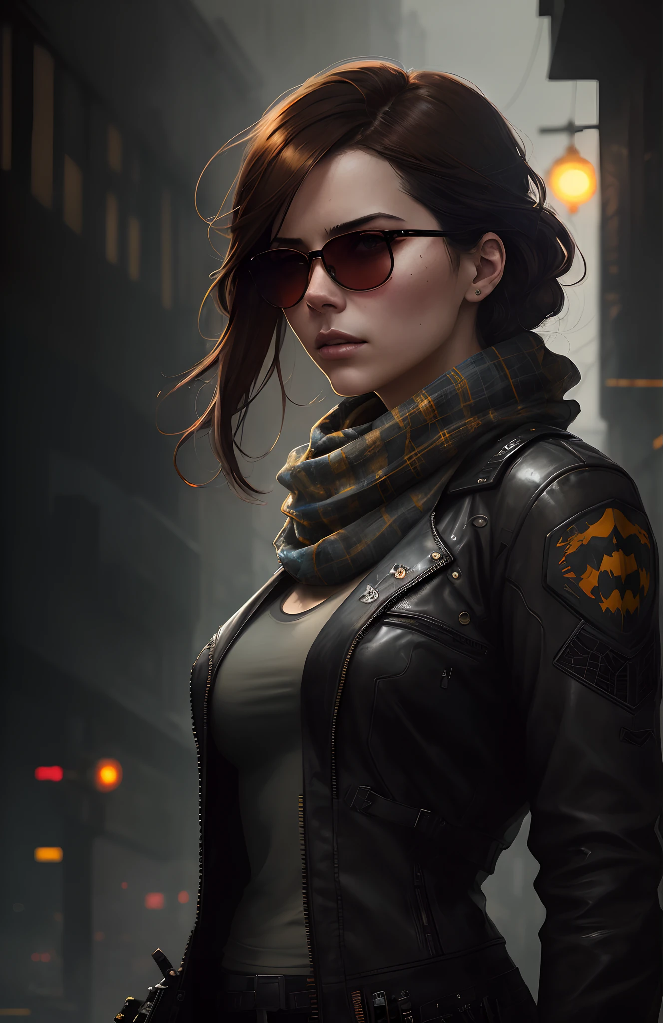 (dark shot:1.1), epic realistic, portrait of halo, sunglasses, blue eyes, tartan scarf, auburn hair by atey ghailan, by greg rutkowski, by greg tocchini, by james gilleard, by joe fenton, by kaethe butcher, gradient yellow, black, brown and magenta color scheme, grunge aesthetic!!! graffiti tag wall background, art by greg rutkowski and artgerm, soft cinematic light, adobe lightroom, photolab, hdr, intricate, highly detailed, (depth of field:1.4), faded, (neutral colors:1.2), (hdr:1.4), (muted colors:1.2), hyperdetailed, (artstation:1.4), cinematic, warm lights, dramatic light, (intricate details:1.1), complex background, (rutkowski:0.66), (teal and orange:0.4)