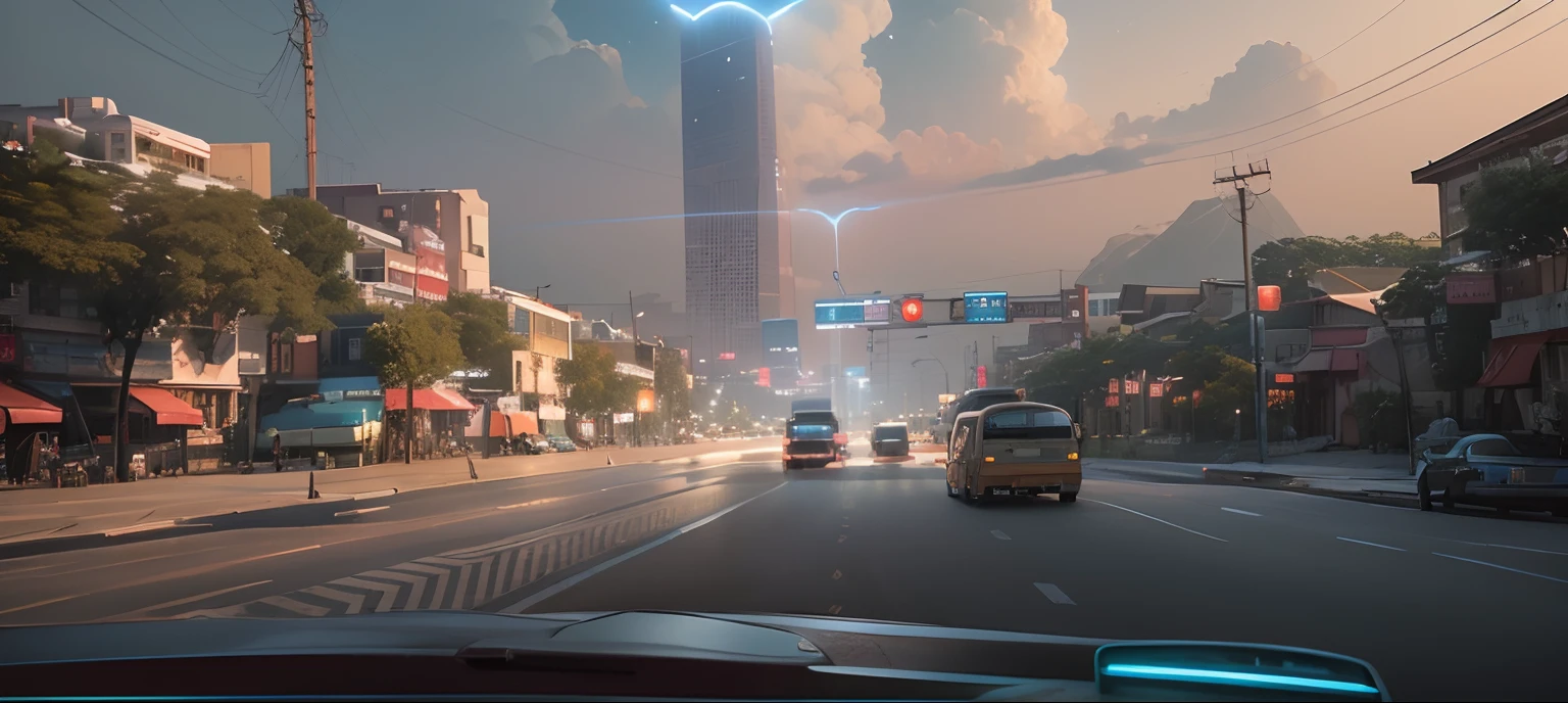 Highest image quality,Exquisitely,sense of science and technology,In the middle of the road is a bus driving in a city of advanced civilization,Chinese lofts soar like clouds,The road is lined with fine wooden buildings,The sky is full of brilliant stars and fantastic stars,One by one, the aircraft flew in blue light。