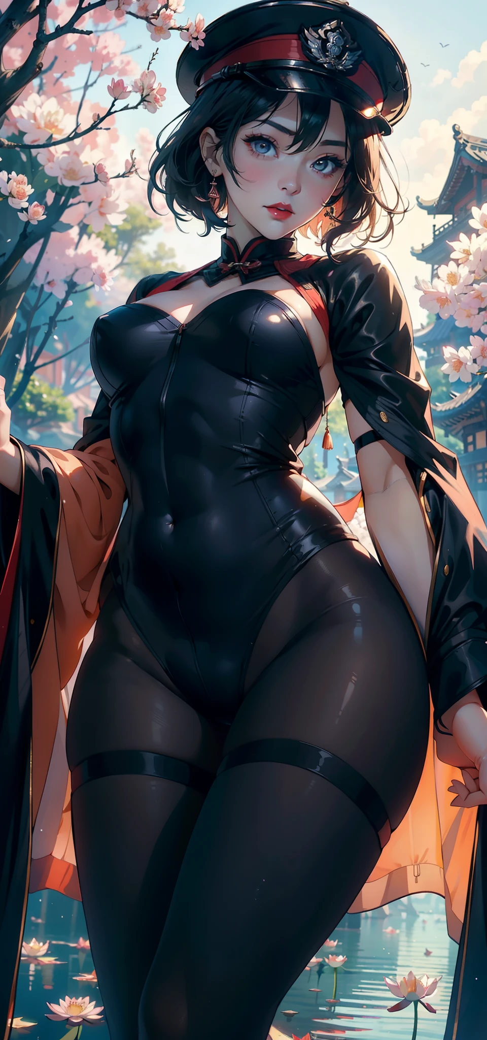 1female,45 yers old,Married Woman,熟妇,plumw,extremely large bosom, 独奏,(Background with:ponds,Cherry blossom forest,lotus flower)Lie underwater, She has short pink hair,seen from the front,, mostly cloudy sky,(((tmasterpiece),(Very detailed CG unity 8K wallpaper),best qualtiy,cinmatic lighting,detailed back ground,beatiful detailed eyes,Bright pupils,Black eyes,Snow-whiteskin,Redlip(Very fine and beautiful),(Beautiful and detailed eye description),ultra - detailed,tmasterpiece,))facing at camera,A high resolution,ultra - detailed),revealing breasts,Bare genitalia, Bulge,legs are open,Raised sexy,Camel toes,Desire for dissatisfaction,frontage,Chinese Air Force(Wearing:Transparent tights,Black tights,Bare ,military hat,Red cape)
