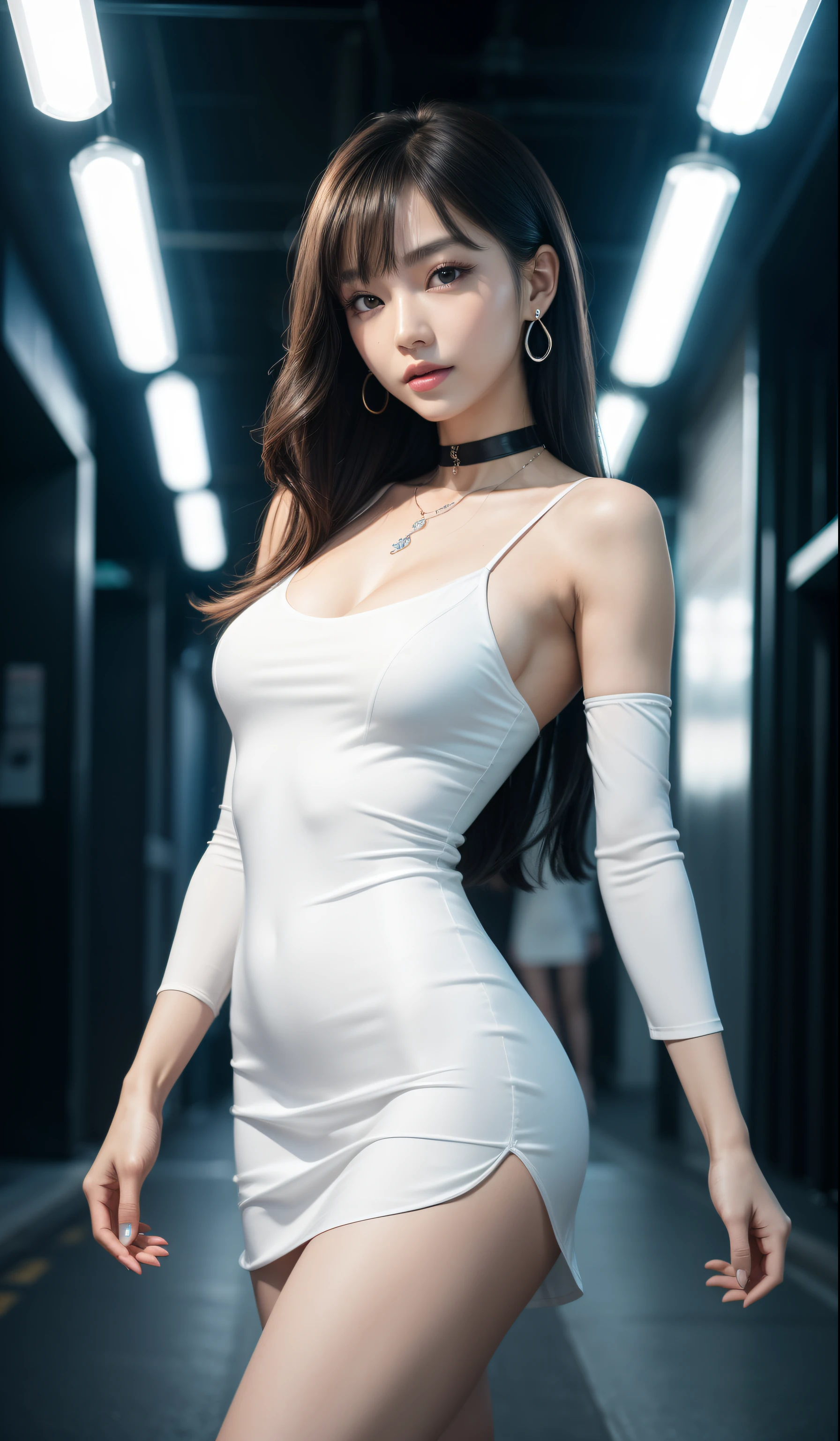 8K, Masterpiece, RAW photo, Best quality, detail:1.2),Photorealistic, Extremely detailed CG unifies 8K, 8K, Diamond, and wallpaper, Depth of field, Cinematic light, Lens flare, Ray tracing, (Extremely beautiful face, Beautiful lips, Beautiful eyes), intricate detail face, ((ultra detailed skin)) 1girll, Pretty Korean girl, Kpop idol,(slender fit body), ((view the viewer)), (bodycon minidress), (Injection sleeve) , background Night city, (neon lights), Pretty Korean girl, Earrings, Clear eyes, Walking , (Pale skin), (Big eyes), ((upperbody shots)), bodycon minidress, tight mini dress , yellow mini dress, single color dress, black choker, side shot, slim figure, healthy thighs, thigh gap