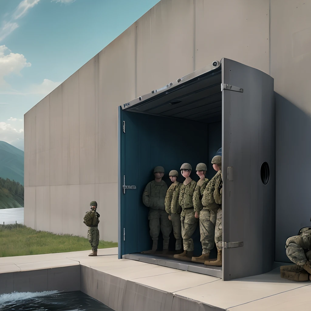 Eight U.S. Army Soldiers in a Sentry Box on top of a concrete wall of the hydroelectric dam Ultra Realism