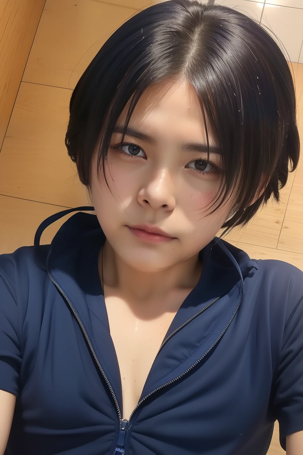 ulzzang -6500-v1.1,NSFW, (Raw photo:1.2), (Photorealsitic), a beautiful detailed girl, extremely detailed eye and face, beatiful detailed eyes, huge filesize, hight resolution, ighly detailed, top-quality, [​masterpiece:1.6], illustratio, ighly detailed, nffsw, finely detail, top-quality, 8k wallpaper, Cinematographic lighting, 1girl in, 17 age, perfect body type, Big breasts with tension、【Colossal tits、heavy breasts、J-Cup:1.9】、Cute drooping eyes、Beautiful big eyes、Sweaty and wet、【sexual excitement:1.8】、(the whole body is wet:1.2)、Light in the eyes、short-hair、hi-school girl、(Japan School Swimwear、Navy blue one-piece swimsuit、Student swimsuit in navy blue Japan:1.3)、swimming pools、dynamicposes