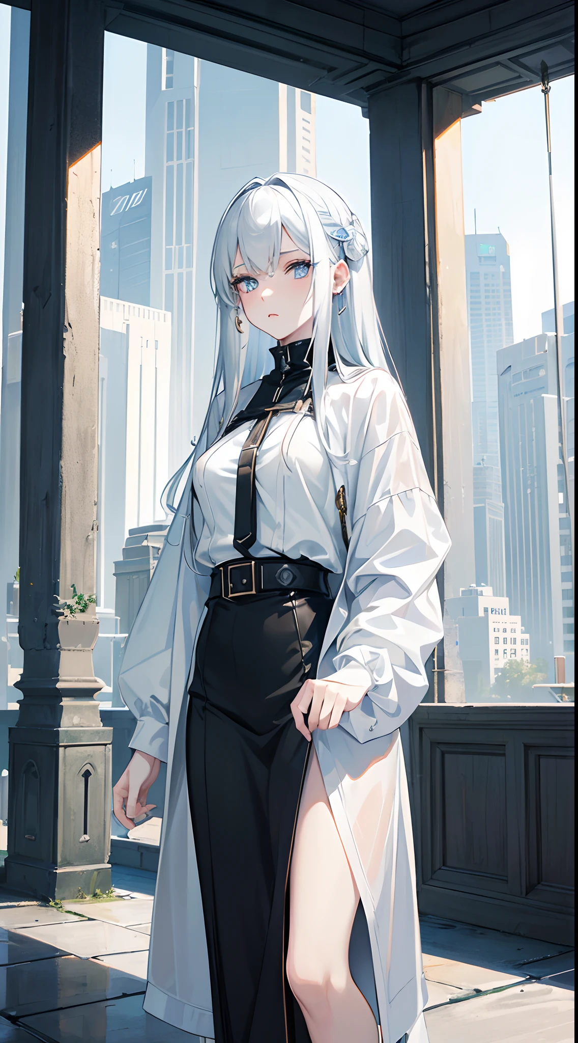 masterpiece, highlydetailed, ultra-detailed, cold, solo, (1woman), (pale skin), icyblue eyes, frosty white hair, young lady, medium breasts, goddess, cool kuudere woman, (sci-fi), (modern casual clothes), sleepy, lazy, flat expression, (polite clothes), (close clothes), (future clothes), (black clothes)