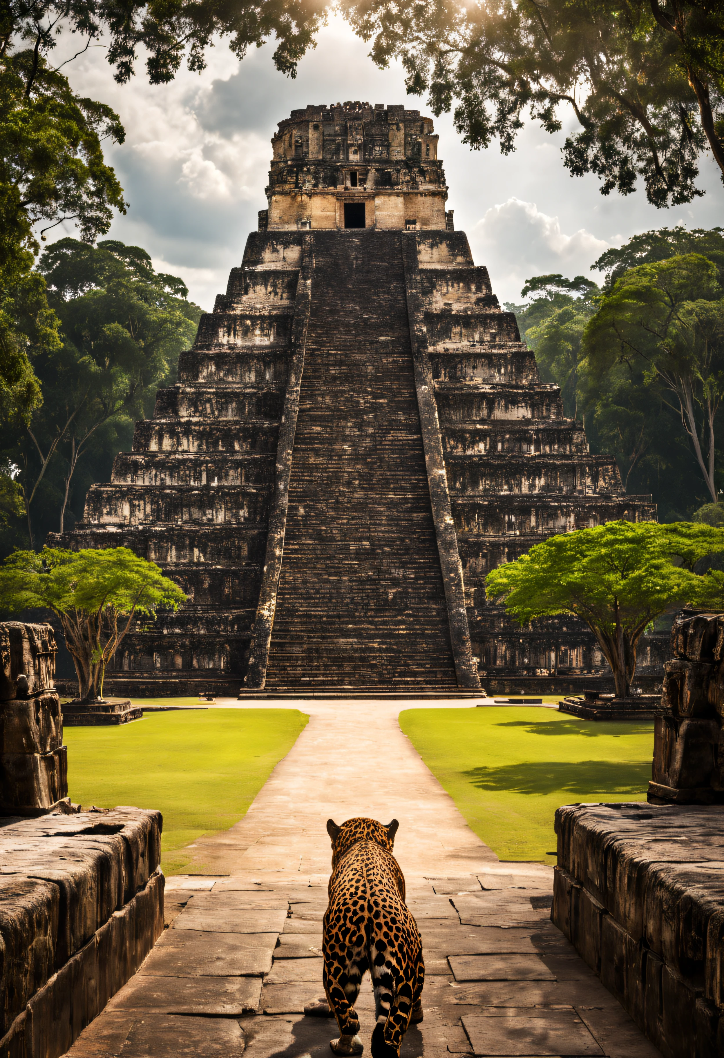 an epic photo of temple of the great jaguar, cinematic, plaza, trees, forest, mayan city, from behind , imposing, perspective, masterpiece, best quality