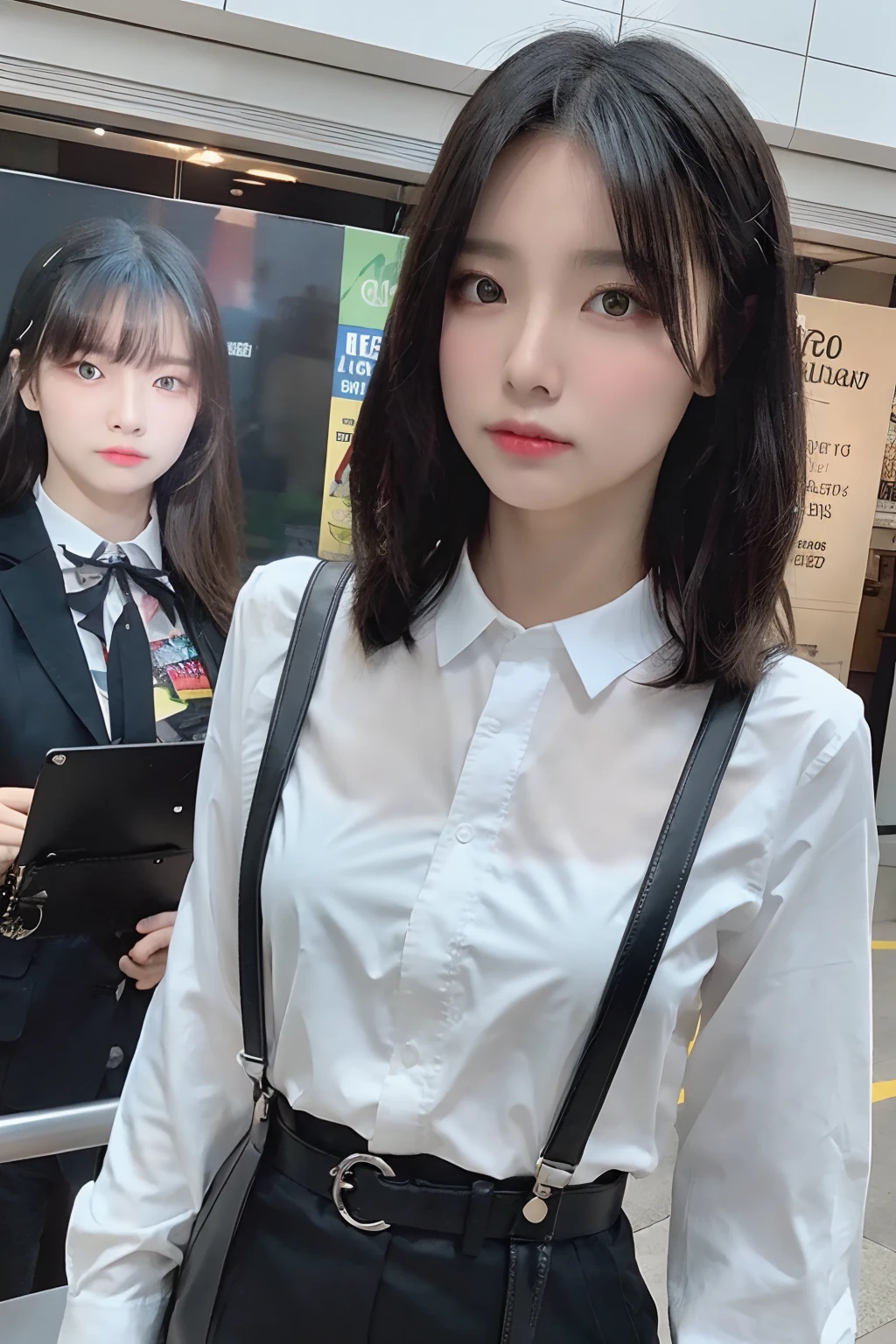 masterpiece、top-quality、The ultra -The high-definition、、colourfull、flat-colors、depth of fields、lens flare 1 girl、、A dark-haired、watching at viewers suits Cutter shirt a belt suspenders working adults materia OL Black Suit Black jacket glares large full breasts
