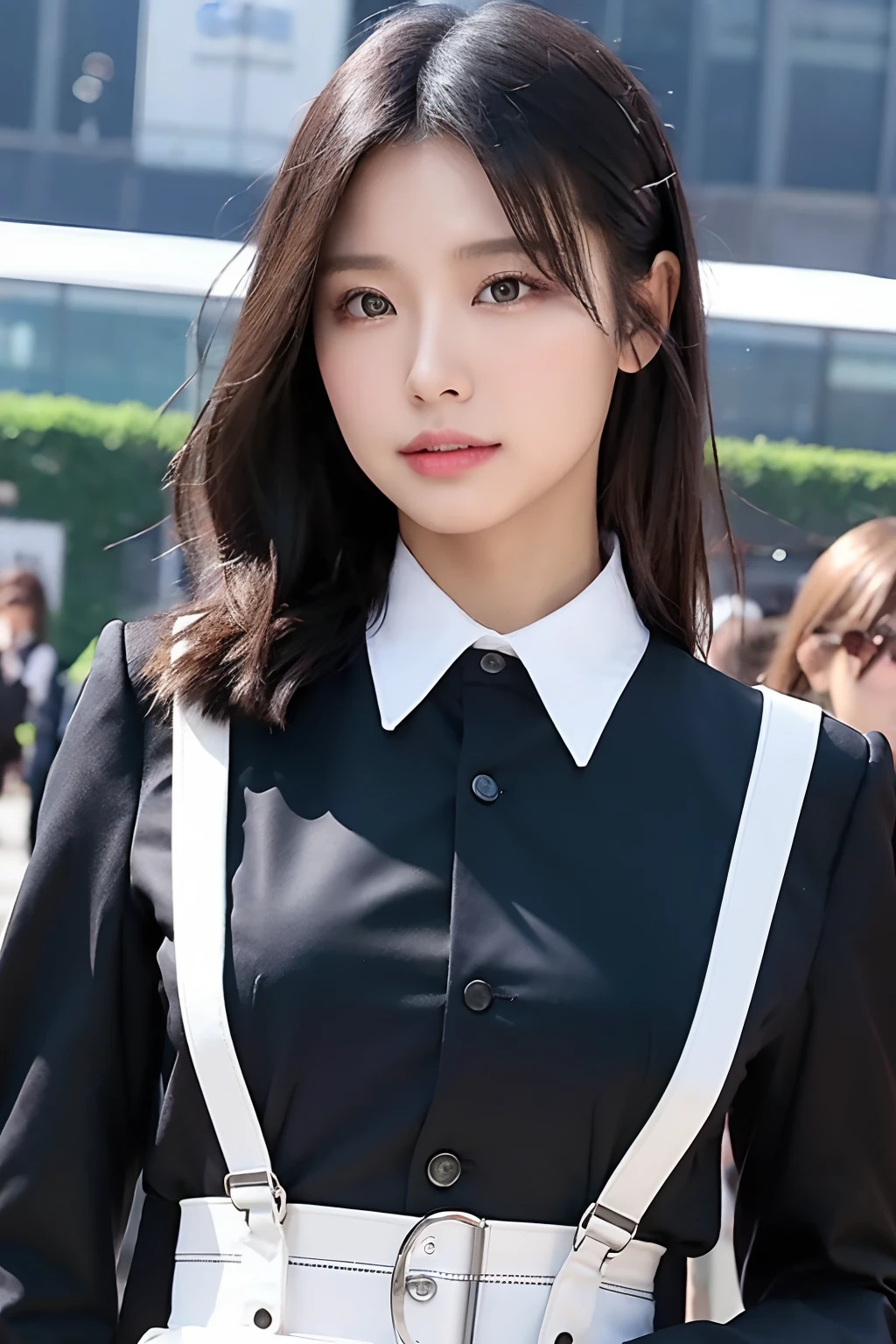 ​masterpiece、top-quality、The ultra -The high-definition、、colourfull、flat-colors、depth of fields、lens flare 1 girl、、A dark-haired、watching at viewers　suits　Cutter shirt　a belt　suspenders　working adults　materia　OL　Black Suit　Black jacket　glares　large full breasts