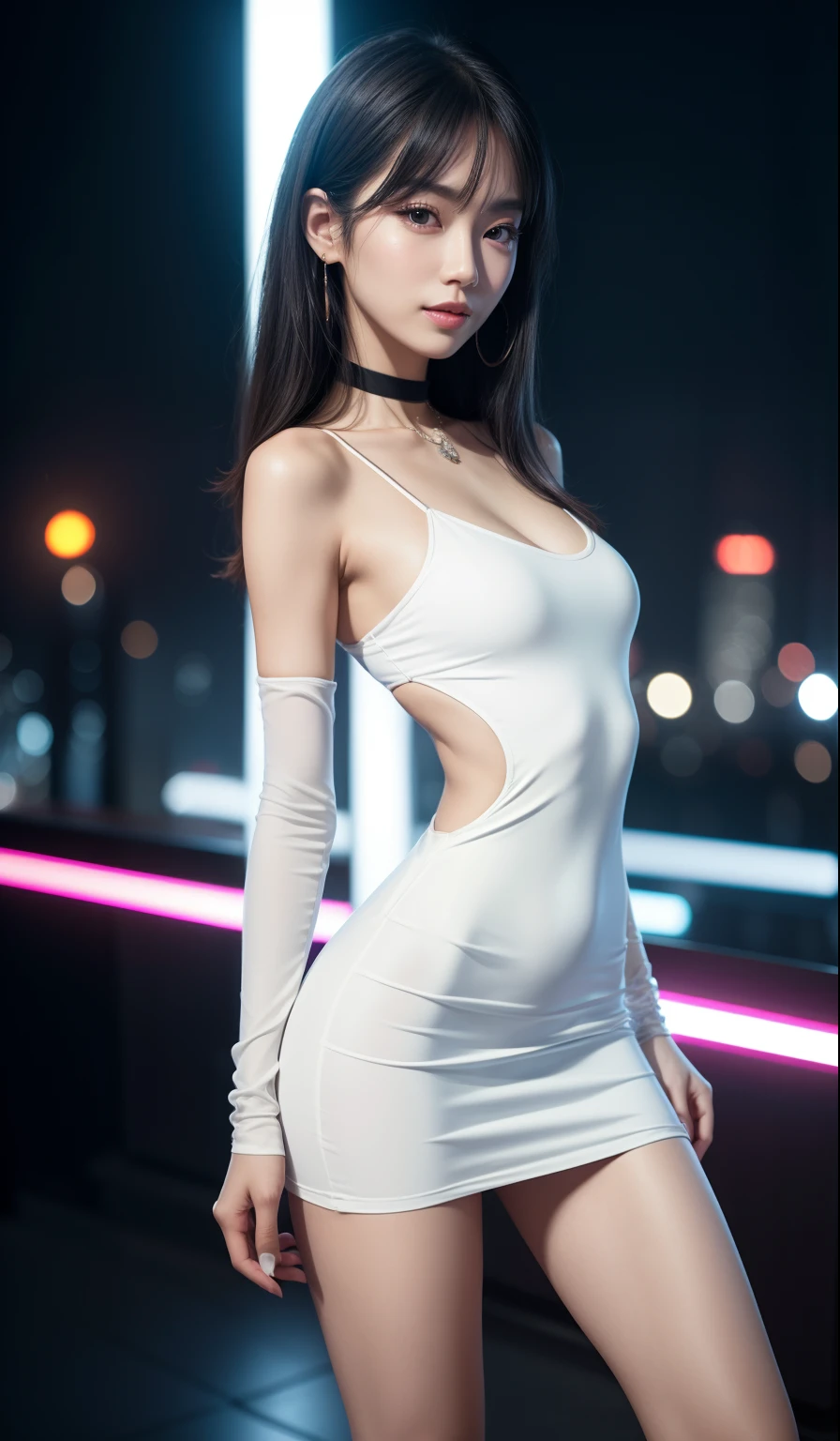 8K, Masterpiece, RAW photo, Best quality, detail:1.2),Photorealistic, Extremely detailed CG unifies 8K, 8K, Diamond, and wallpaper, Depth of field, Cinematic light, Lens flare, Ray tracing, (Extremely beautiful face, Beautiful lips, Beautiful eyes), intricate detail face, ((ultra detailed skin)) 1girll, deepshadow, Pretty Korean girl, Kpop idol,(Very slim and slender muscular body:1.3), ((view the viewer)),(Big smile), (bodycon minidress), (white dress), (Injection sleeve) , background City Night, (neon lights sign), Pretty Korean girl, Earrings, bangle, necklace, Pantyhose, Clear eyes, Walking , (Pale skin), Face forward, (Big eyes), ((upperbody shots)), bodycon minidress, Silk mini dress , reflective dress, synthwave color dress, black choker, Turn Back, side shot, Very slim, slender healthy thighs, thigh gap