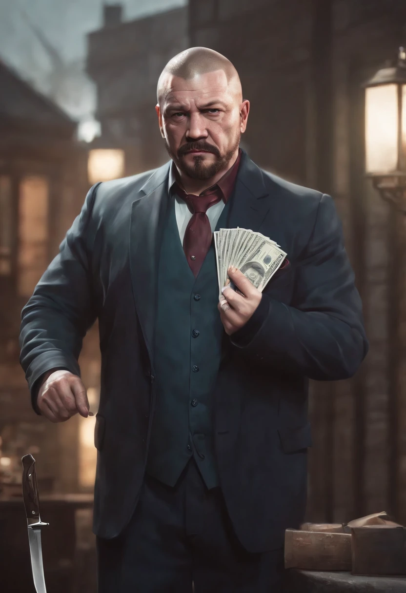 Cartoon illustration of a man with beard holding a knife and money, barba vermelha, gta estilo de arte, baron harkonnen, barba avermelhada, mafia background hyper detailed, Rei do capitalismo, kingpin, ! baron harkonnen!, gta artstyle, Atarracado, Rich Heritage, gangster, mafioso, action bronson, gta iv estilo de arte, color digital illustration