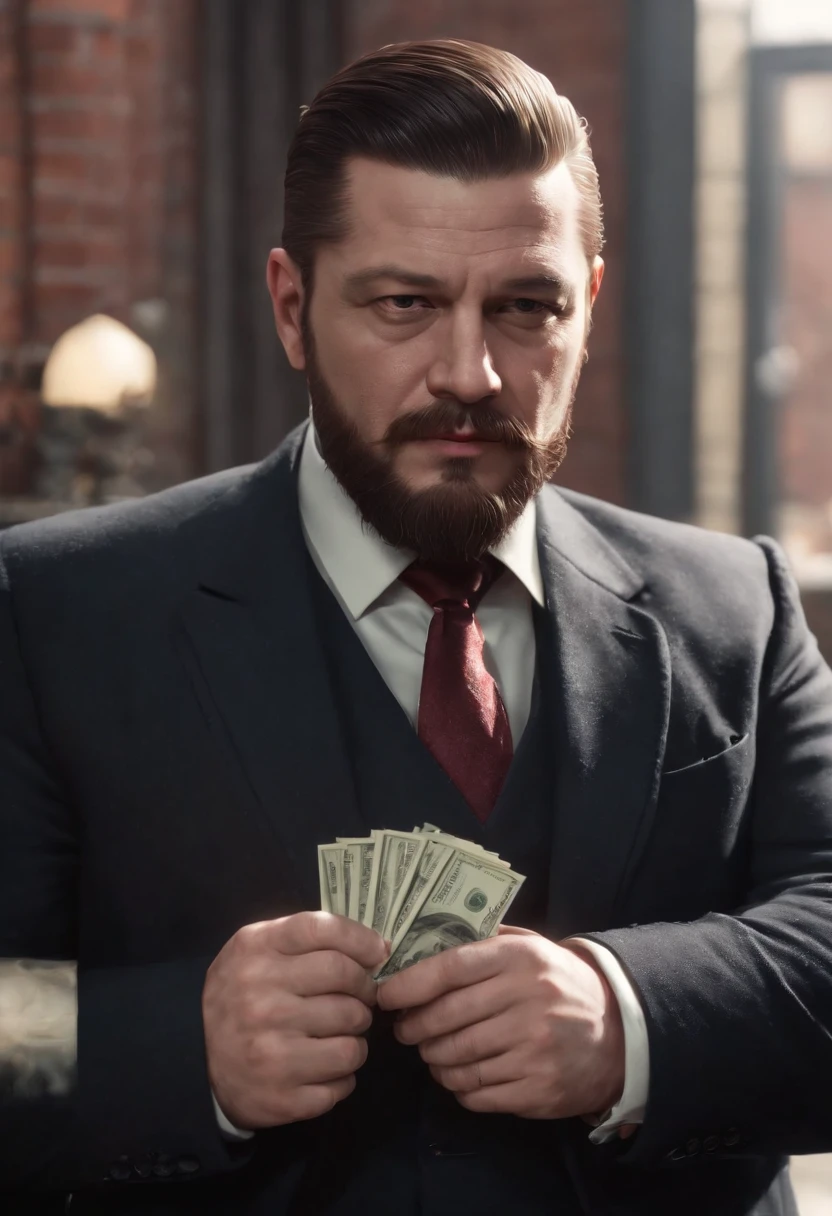 Cartoon illustration of a man with beard holding a knife and money, barba vermelha, gta estilo de arte, baron harkonnen, barba avermelhada, mafia background hyper detailed, Rei do capitalismo, kingpin, ! baron harkonnen!, gta artstyle, Atarracado, Rich Heritage, gangster, mafioso, action bronson, gta iv estilo de arte, color digital illustration