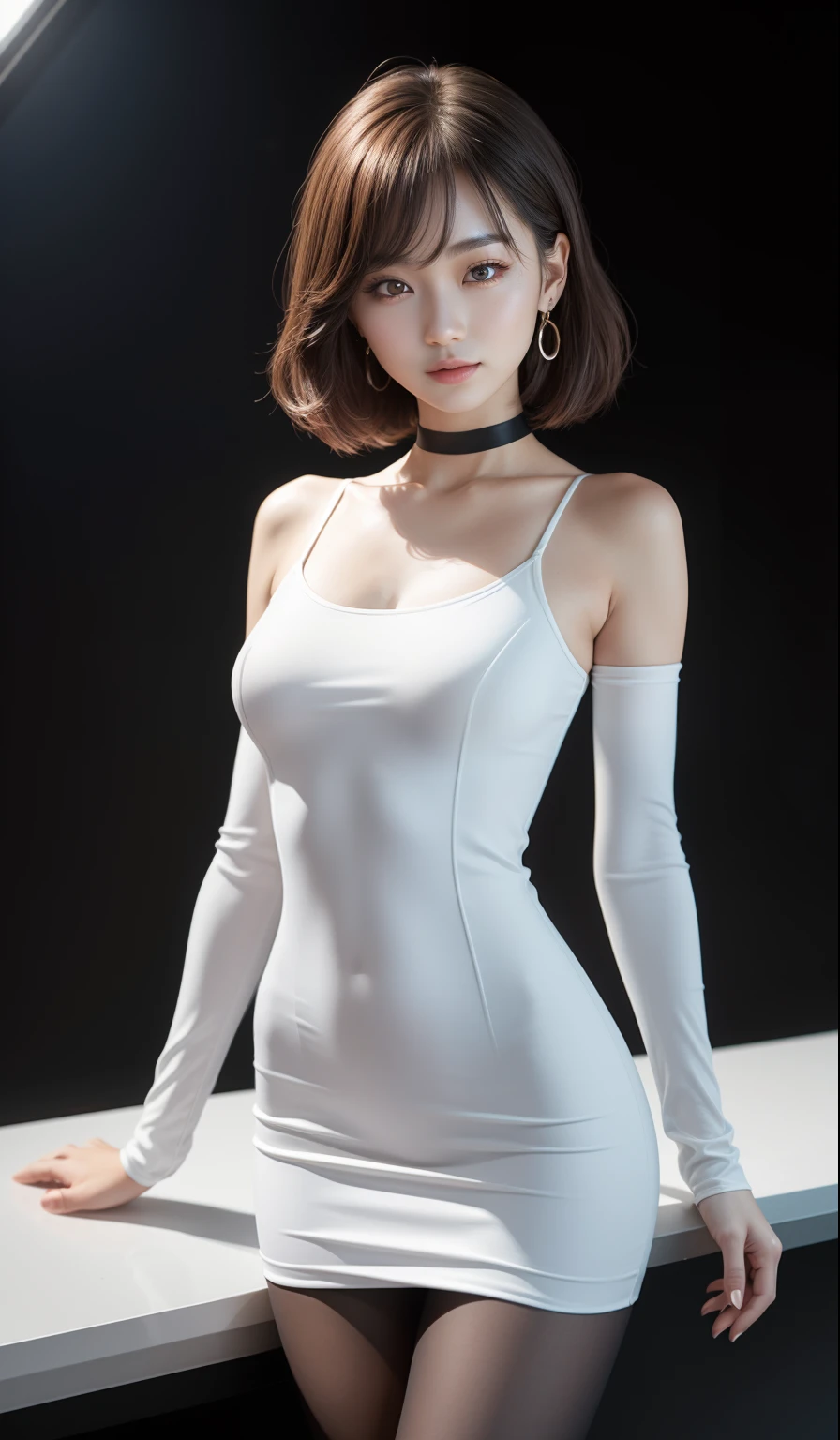 8K, Masterpiece, RAW photo, Best quality, detail:1.2),Photorealistic, Extremely detailed CG unifies 8K, 8K, Diamond, and wallpaper, Depth of field, Cinematic light, Lens flare, Ray tracing, (Extremely beautiful face, Beautiful lips, Beautiful eyes), intricate detail face, ((ultra detailed skin)) 1girll, Pretty Korean girl, Kpop idol,(slender fit body), ((view the viewer)), (bodycon minidress), (Injection sleeve) , background Night city, (neon lights), Pretty Korean girl, Earrings, Clear eyes, Walking , (Pale skin), (Big eyes), ((upperbody shots)), bodycon minidress, tight mini dress ,a single color dress, black choker, side view, slim figure, healthy thighs, thigh gap
