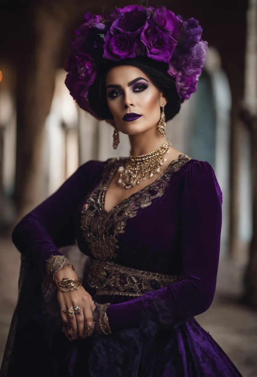 Arafed woman with a purple flowery hat and purple makeup, Dia de Finados:. 8 mil, Dia dos Mortos Maquiagem, half skull half face, sugar skull, half skull face, inspirado em Izzy Medrano, dia de muertos vestido e maquiagem, Dia de Finados:!!, inspirado em Ursula Edgcumbe, Linda mulher Bruxa, com cabelo curto preto, olhos Purple, big bust, vestido roupas de bruxa, sentada numa taverna sorrindo, Realistic, Full HD, Best Quality