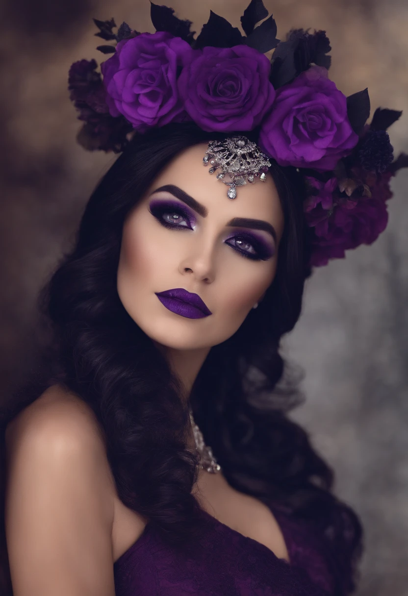 Arafed woman with a purple flowery hat and purple makeup, Dia de Finados:. 8 mil, Dia dos Mortos Maquiagem, half skull half face, sugar skull, half skull face, inspirado em Izzy Medrano, dia de muertos vestido e maquiagem, Dia de Finados:!!, inspirado em Ursula Edgcumbe, Linda mulher Bruxa, com cabelo curto preto, olhos Purple, big bust, vestido roupas de bruxa, sentada numa taverna sorrindo, Realistic, Full HD, Best Quality