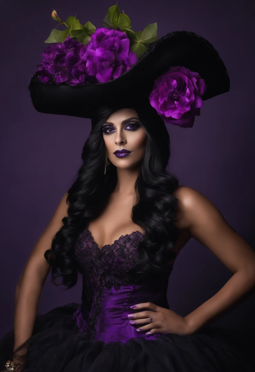 Arafed woman with a purple flowery hat and purple makeup, Dia de Finados:. 8 mil, Dia dos Mortos Maquiagem, half skull half face, sugar skull, half skull face, inspirado em Izzy Medrano, dia de muertos vestido e maquiagem, Dia de Finados:!!, inspirado em Ursula Edgcumbe, Linda mulher Bruxa, com cabelo curto preto, olhos Purple, big bust, vestido roupas de bruxa, sentada numa taverna sorrindo, Realistic, Full HD, Best Quality
