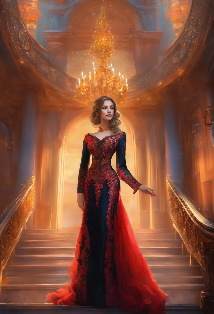 (best quality,ultra-detailed,realistic:1.37),(HDR,UHD),(professional),(vivid colors),(bokeh),(portrait)
A mysterious and captivating woman, wearing a black lace dress and a masquerade mask, standing in front of a grand staircase in a lavish mansion.