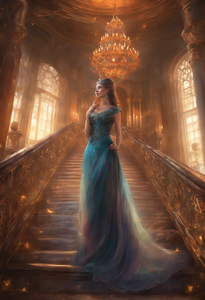 (best quality,ultra-detailed,realistic:1.37),(HDR,UHD),(professional),(vivid colors),(bokeh),(portrait)
A mysterious and captivating woman, wearing a black lace dress and a masquerade mask, standing in front of a grand staircase in a lavish mansion.