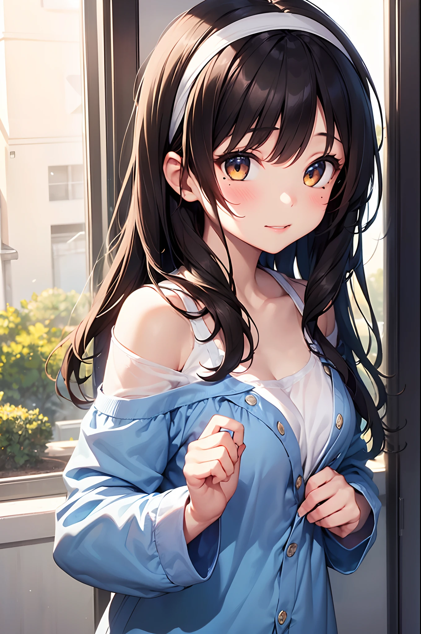 (Girl with a nasty appearance:1.3),(natta:1.5),(and chest:1.4),Raw photography, top-quality, hight resolution, (masterpiece), (Photorealsitic:1.4), (Mole under the eyes),foco nítido, nffsw, 8K分辨率, intricate detailes, depth of fields, the Extremely Detailed CG Unity 8K Wallpapers, front lit, femele,25-years old、 Cheerful with laughter、Crisp eyes、(Dry your hair:1.5)、see -through、(Medium Bang Brown Hair Hair is unkempt by the wind:1.3)、Orange-eyed,(Hurry:1.5)、(Wearing a hair band:1.3)、The background is dim、(Blue Off-Shoulder Pajamas)、indirect lighting、Older sister's atmosphere、Dry your head with a hair dryer、Holding the dryer in your right hand、Stars shining through the window