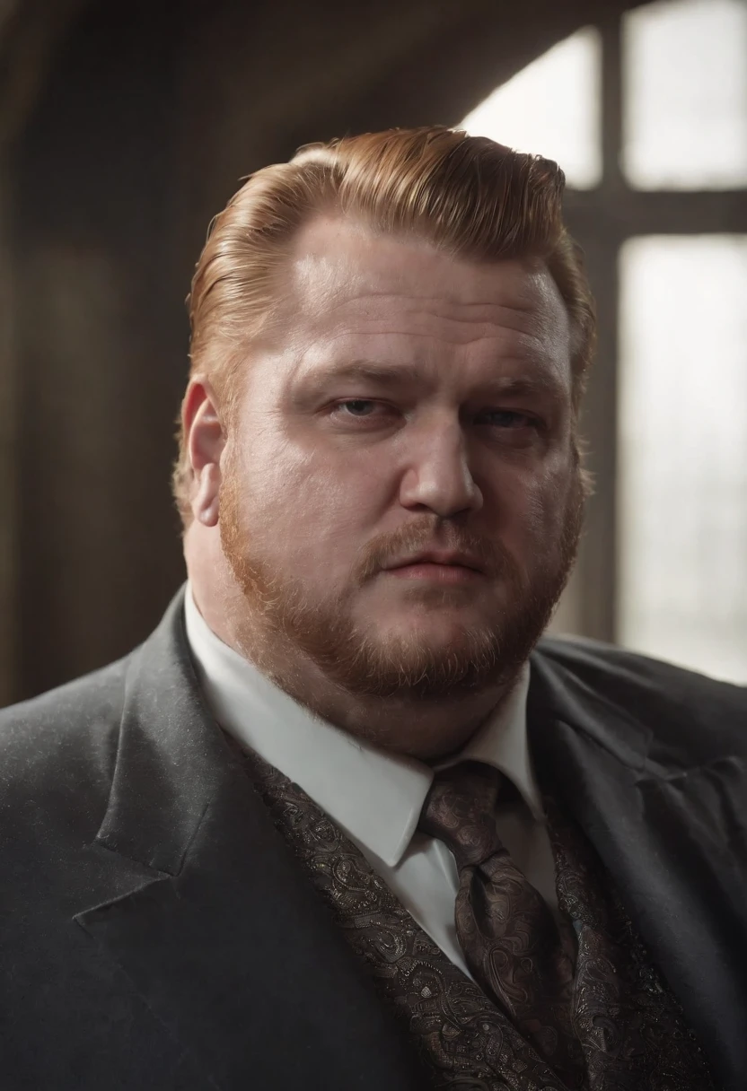 um homem com barba segurando uma faca, barba vermelha, baron harkonnen, barba avermelhada, mafia background hyper detailed, Rei do crime, kingpin, ! baron harkonnen!, gta artstyle, Atarracado, Rich Heritage, gangster, mafioso, action bronson, ((irlandes)), (ruivo)