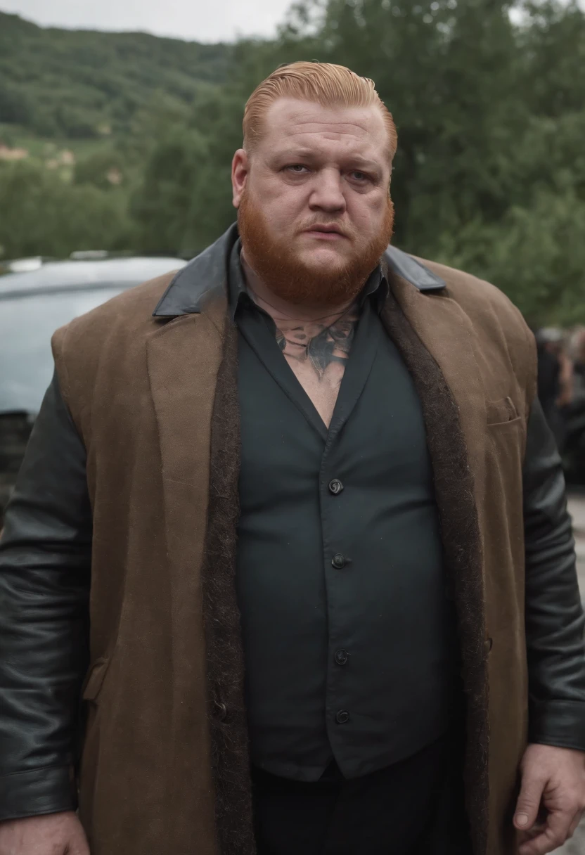 um homem com barba segurando uma faca, barba vermelha, baron harkonnen, barba avermelhada, mafia background hyper detailed, Rei do crime, kingpin, ! baron harkonnen!, gta artstyle, Atarracado, Rich Heritage, gangster, mafioso, action bronson, ((irlandes)), (ruivo)