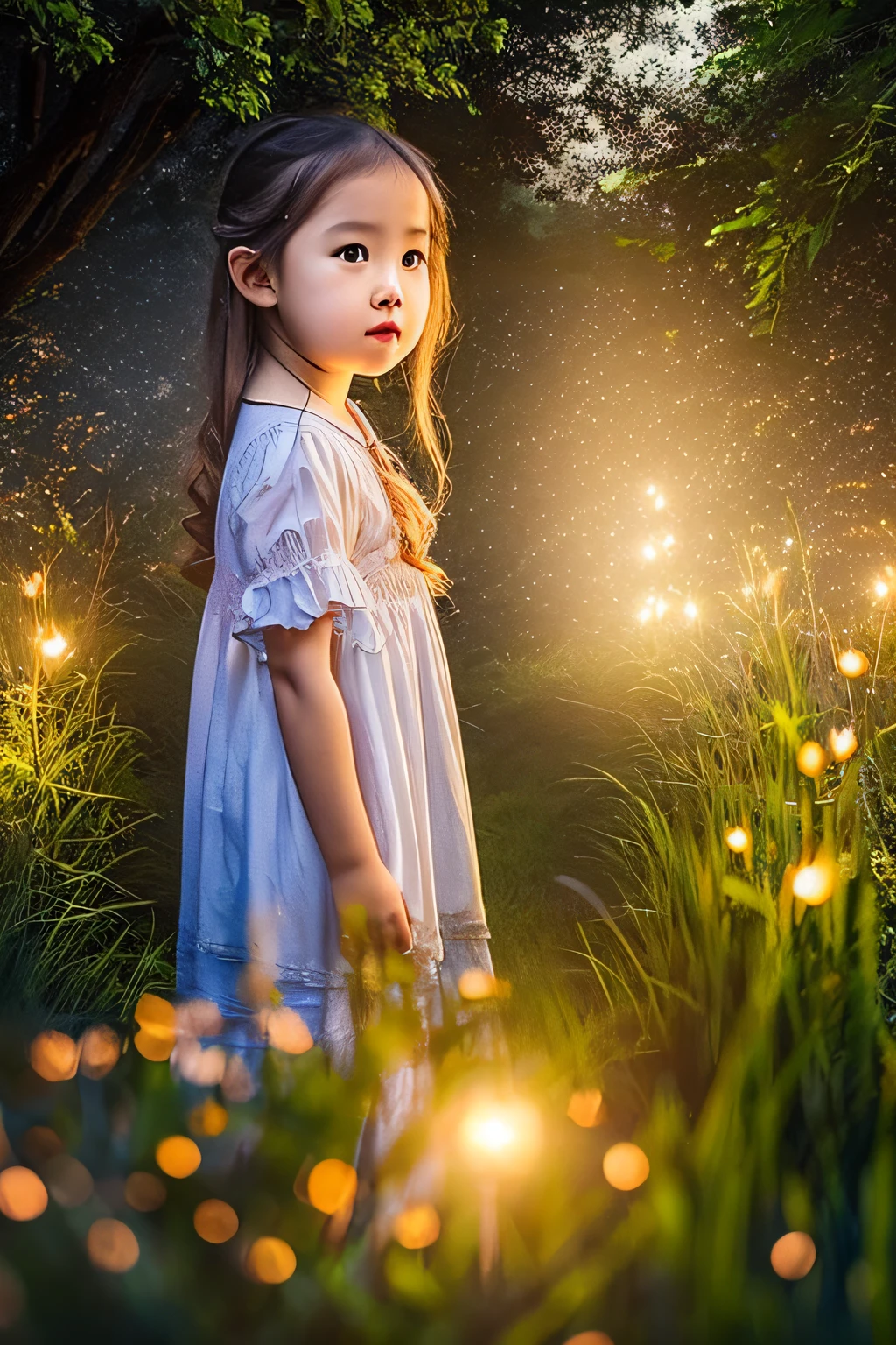 (8k, top quality, masterpiece: 1.2), (realistic, photorealistic: 1.37), super detail, one girl, wide angle of view, firefly garden, lots of small faint light and fireflies flying around, night