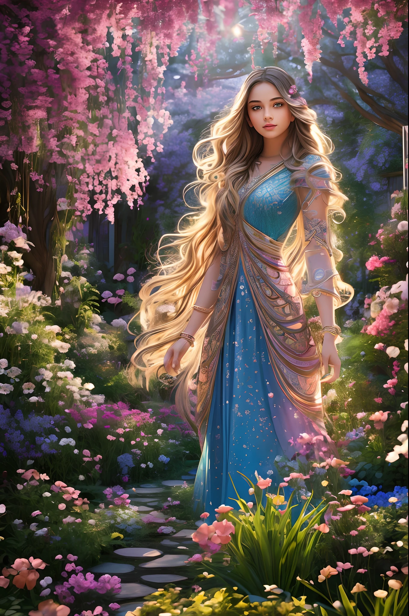 A pretty girl with beautiful detailed eyes and lips stands in a mesmerizing garden. The medium used to create this artwork is a psychedelic style, incorporating vibrant colors, abstract patterns, and mind-bending effects. The girl's appearance exudes a dreamlike quality, with flowing hair and a graceful posture. The garden surrounding her is filled with an abundance of colorful flowers and lush greenery. The scene has a recursive quality, with elements repeating and mirroring, creating an enchanting and surreal atmosphere. The image quality is of the highest caliber, boasting 4K resolution and ultra-detailed rendering. It captures every intricate detail with photorealistic precision. The lighting in the scene plays a crucial role, casting soft, diffused light that accentuates the girl's features and adds depth to the overall composition. The color palette utilized is vibrant and rich, with the dominant hues being vivid blues, pinks, and purples. The final result is a masterpiece that evokes a sense of wonder and invites the viewer to immerse themselves in the magical garden alongside the pretty girl.