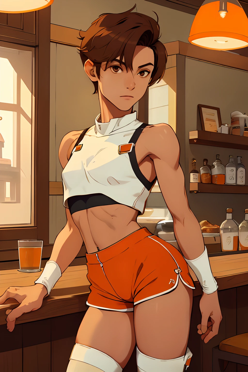 (masterpiece, best quality:1.2), cowboy shot, solo, 1boy, short brown hair, skinny, in a restaurant, leaning against counter, orange short shorts, white thigh high socks, white crop top, shy, feminine, femboy
