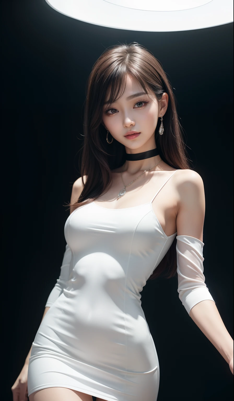 ((masterpiece: 1.4, best quality))+,(ultra detail)+, official art, unity 8k wallpaper, ultra detail, beautiful, high quality, Highlight your cute face, masterpiece, best quality, (Above the brightly lit professional wrestling ring:1.5), Popular shoulder length hairstyles, (brown eyes, brown hair), smile brightly, (White Sleeveless Turtleneck One-Piece Swimsuit:1.5), ( size:1.3), (The chest area is exposed with lace.:1.5), (bust:1.5), (jewelry earrings, hairpin with large ribbon:1.4)