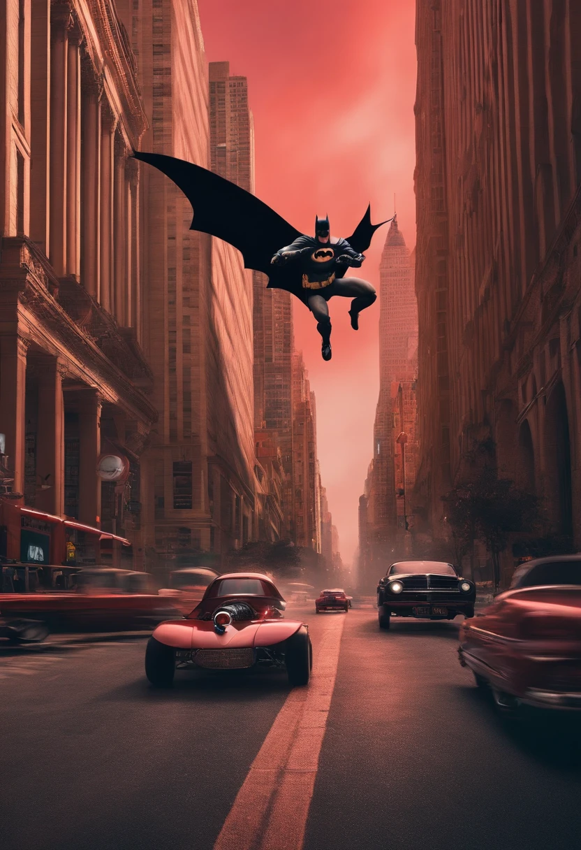 batman e robin, Running in the same direction, Throwing darts, gothan city ao fundo, batmovel futurista com rodas grandes, rosa vermelha no centro
