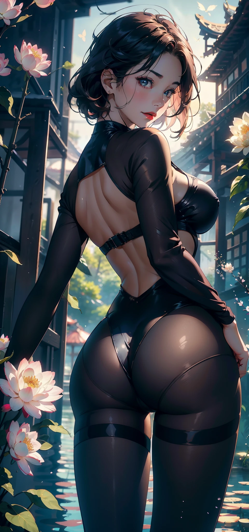 1female,45 yers old,Married Woman,熟妇,plumw,extremely large bosom, 独奏,(Background with:ponds,Cherry blossom forest,lotus flower)Lie underwater, She has short pink hair,seen from the front,, mostly cloudy sky,(((tmasterpiece),(Very detailed CG unity 8K wallpaper),best qualtiy,cinmatic lighting,detailed back ground,beatiful detailed eyes,Bright pupils,Black eyes,Snow-whiteskin,Redlip(Very fine and beautiful),(Beautiful and detailed eye description),ultra - detailed,tmasterpiece,))facing at camera,A high resolution,ultra - detailed),revealing breasts,Bare genitalia, Bulge,legs are open,Raised sexy,Camel toes,Desire for dissatisfaction,frontage,Indian costumes(Wearing:Transparent tights,Black tights,Bare )