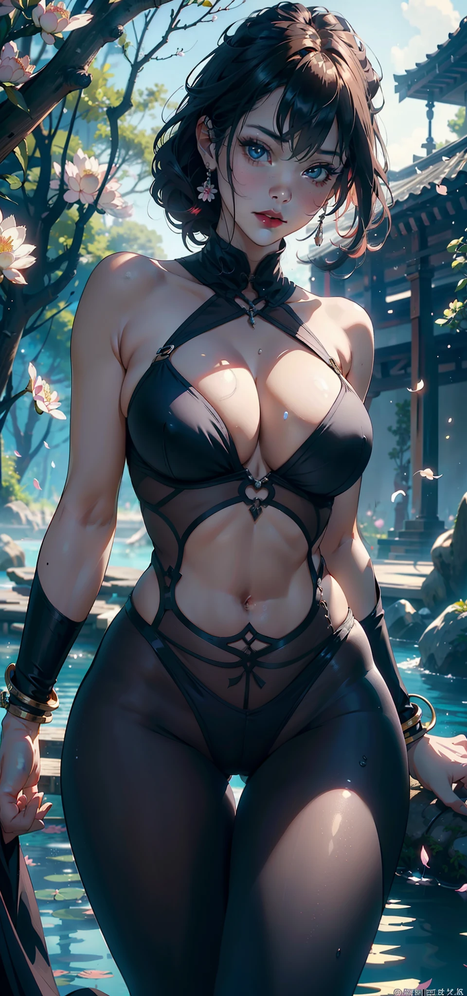 1female,45 yers old,Married Woman,熟妇,plumw,extremely large bosom, 独奏,(Background with:ponds,Cherry blossom forest,lotus flower)Lie underwater, She has short pink hair,seen from the front,, mostly cloudy sky,(((tmasterpiece),(Very detailed CG unity 8K wallpaper),best qualtiy,cinmatic lighting,detailed back ground,beatiful detailed eyes,Bright pupils,Black eyes,Snow-whiteskin,Redlip(Very fine and beautiful),(Beautiful and detailed eye description),ultra - detailed,tmasterpiece,))facing at camera,A high resolution,ultra - detailed),revealing breasts,Bare genitalia, Bulge,legs are open,Raised sexy,Camel toes,Desire for dissatisfaction,frontage,Indian costumes(Wearing:Transparent tights,Black tights,Bare )