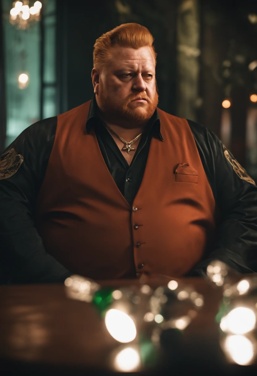 um homem com barba segurando uma faca, barba vermelha, baron harkonnen, barba avermelhada, mafia background hyper detailed, Rei do crime, kingpin, ! baron harkonnen!, gta artstyle, Atarracado, Rich Heritage, gangster, mafioso, action bronson, ((irlandes)), (ruivo)