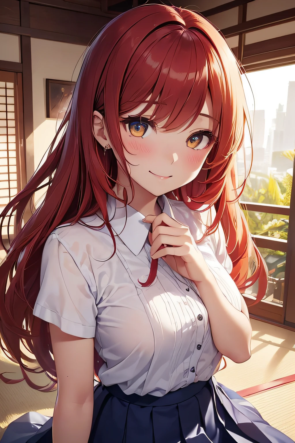 Beautiful fece, ​masterpiece, top-quality, hiqcgbody, animesque, 1girl in, Medium chest, portrait shot, Look at viewers, wetted skin, intricate detailes,>,((coverd)a closeup, straight-on, adult lady,Very long hair swaying in the wind、 The chest is fluttering、Blake Blue Skirt, Pleated skirt, Wearing a suit, Suits, Skirt, Red hair、Her eyes shone like dreamy stars(radiant eyes:1.233)、(beautifully detailed eyes:1.1)、The background is fixed on tatami mats in the room、[[Delicate fingers and hands:0.55]::0.85]、(detail finger)、Yellow eyes、Light red hair、Smile、Lying on the floor、lie down on your side、Elbows on the floor、Pose that looks like you're going to hug、Smile、Daytime on a hot summer day、Sweaty skin、Embarrassing、open your mouth slightly、