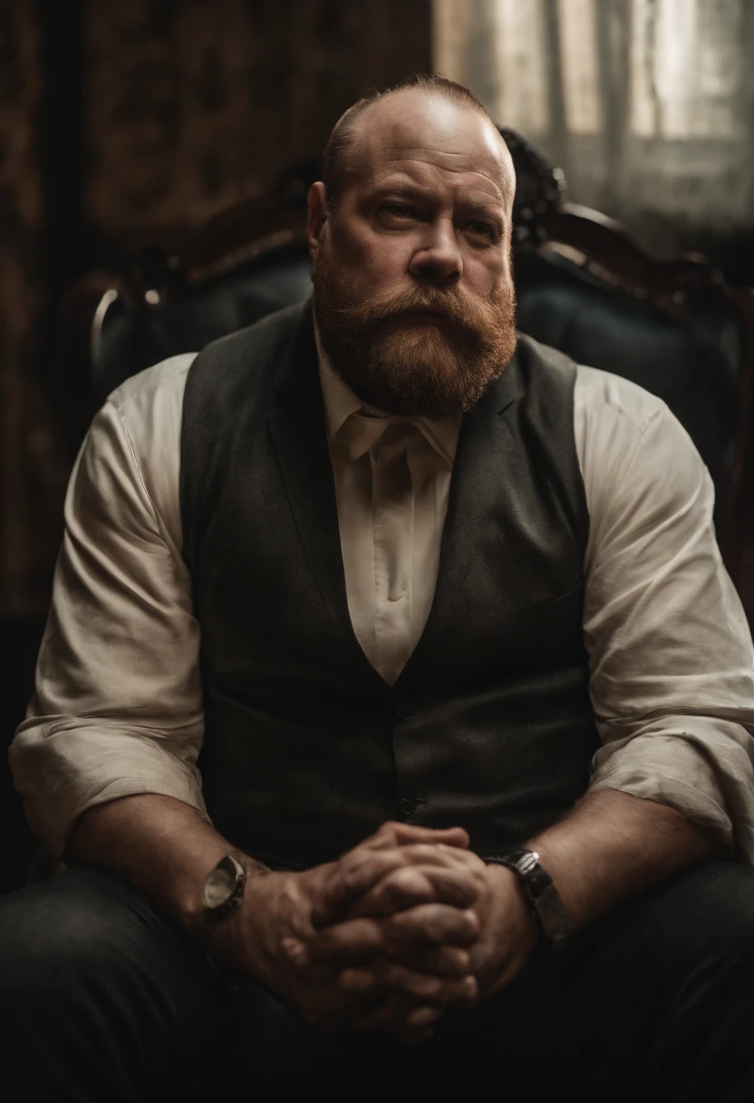 um homem com barba segurando uma faca, barba vermelha, baron harkonnen, barba avermelhada, mafia background hyper detailed, Rei do crime, kingpin, ! baron harkonnen!, gta artstyle, Atarracado, Rich Heritage, gangster, mafioso, action bronson, ((irlandes)), (ruivo)