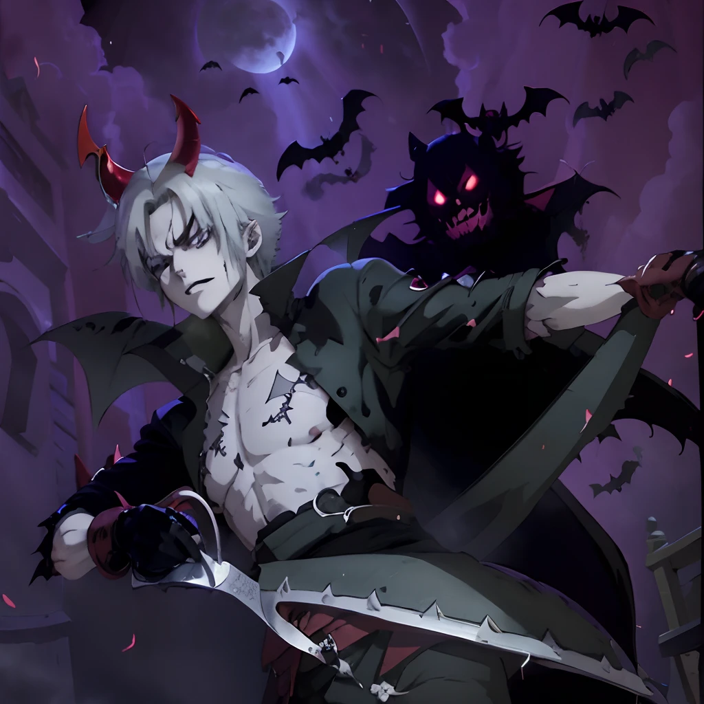 One piece manga, gecko moria, halloween theme, bats flying, vampire, dark theme, darkness vibe, terror, scissors, beautiful boy, gothic boy, vanitas, white long hair boy, vampire, vampire face, kage kage no mi, vampire boy, vampire style, demon horns, evil smile, Red eyes