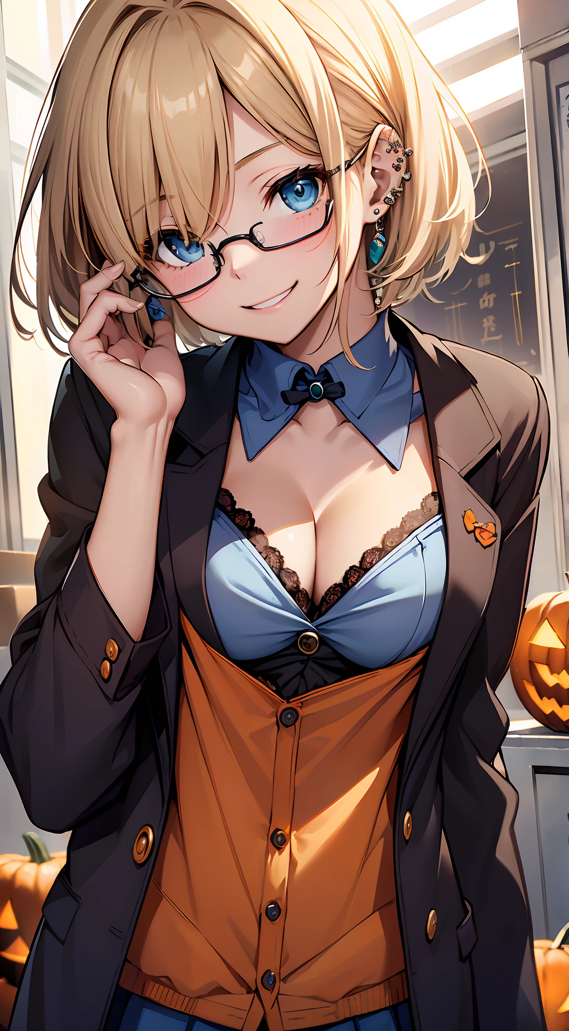 top-quality、Top image quality、in 8K,4K,masterpiece、(NSFW:1.2)、ultra-detailliert、Beautiful、ultra-quality、cute little、Style like a model、girl with(((18year old、School Uniforms:1.5、Bust 92、a blond、cleavage of the breast、Short straight hair、Blue eyes、eye glass、Happiness、Ear-piercing)))、hiquality、visualart、Background with((Halloween:1.2))、masutepiece、