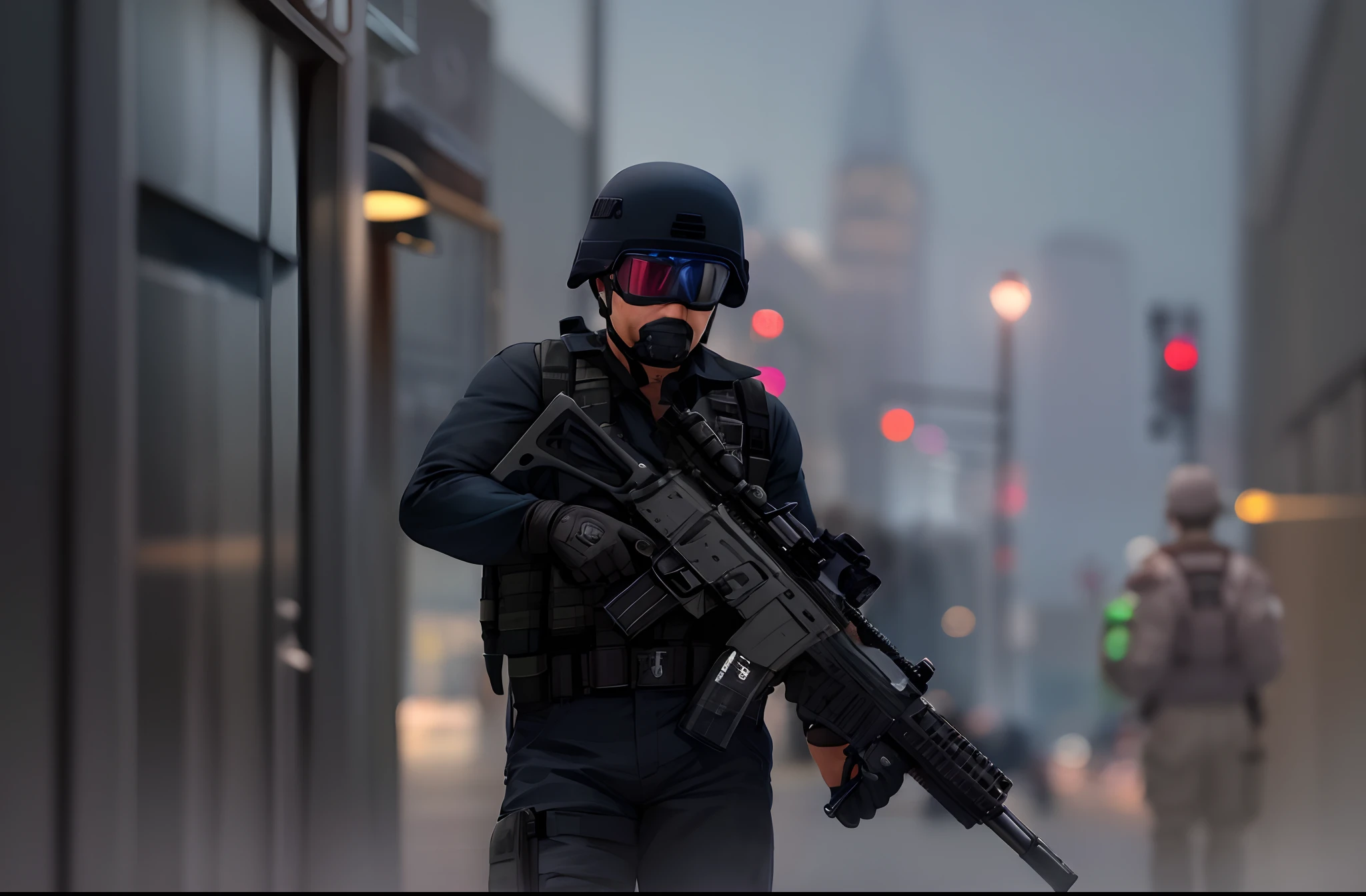 modern soldier with black uniform and firing a gatling gun, terrorist, ruined background, realistic, stylish, dark blue beret, black balaclava, tactical vest, intricate details, hyperdetailed, cinematic, rim light, danger atmosphere