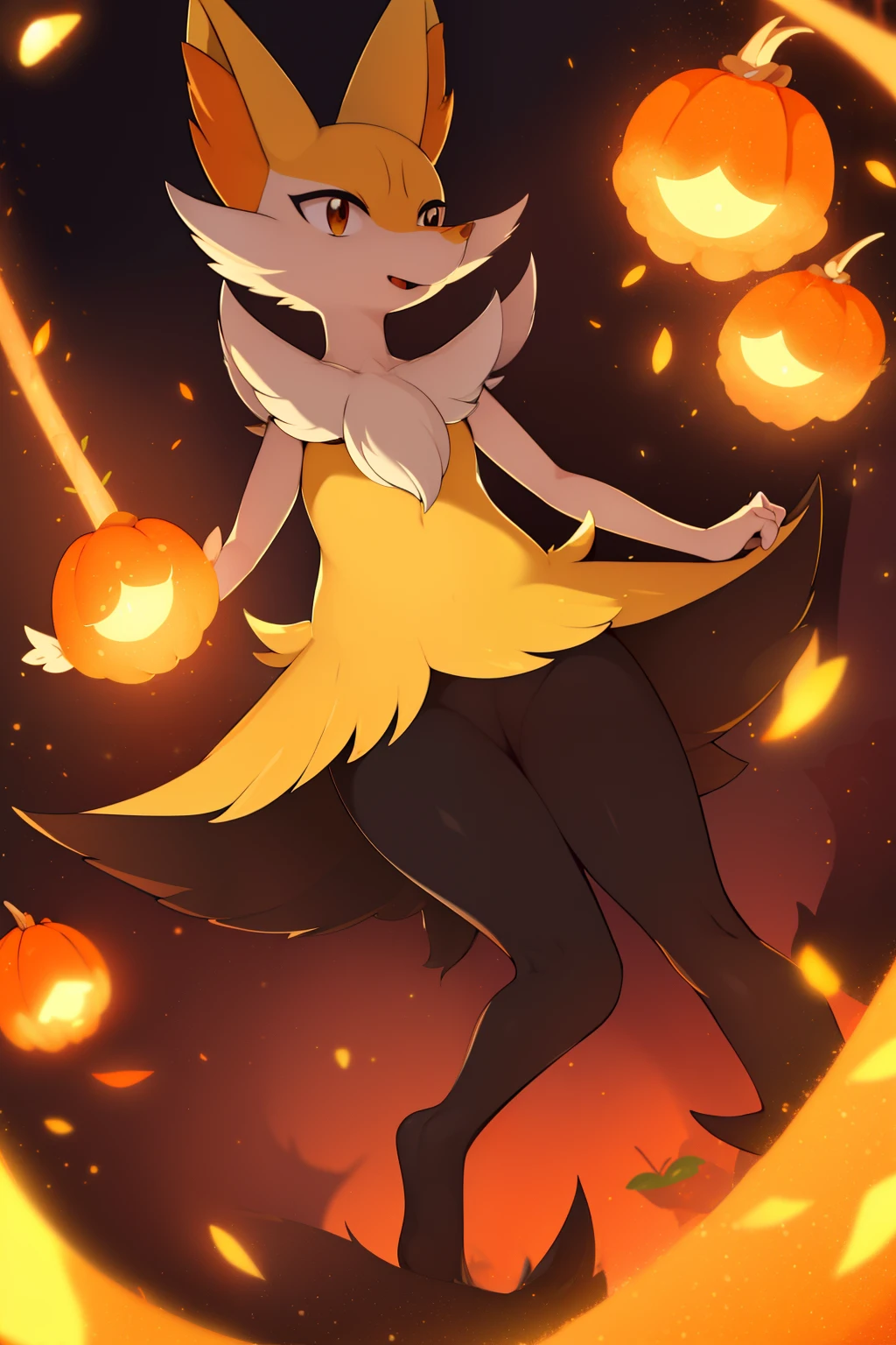 1girl, obra-prima, melhor qualidade, braixen, pokemon, raposa amarela, detalhado, focinho curto, orelhas fluff, cauda grande, [olhos vermelhos], olhos detalhados, fundo de fogo, dinamic pose, orelhas de raposa, cauda de raposa, saia preta amarela, tema de Halloween.