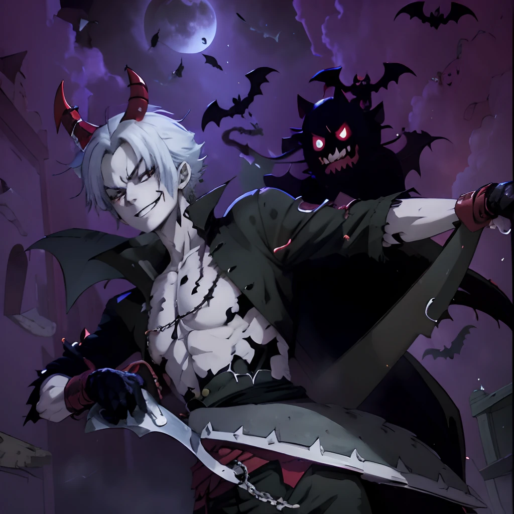 One piece manga, gecko moria, halloween theme, bats flying, vampire, dark theme, darkness vibe, terror, scissors, beautiful boy, gothic boy, vanitas, white long hair boy, vampire, vampire face, kage kage no mi, vampire boy, vampire style, demon horns, evil smile, Red eyes