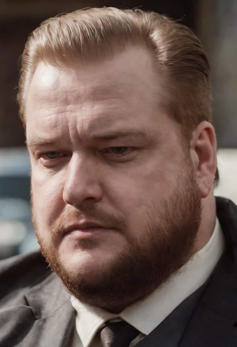 um homem com barba segurando uma faca, barba vermelha, baron harkonnen, barba avermelhada, mafia background hyper detailed, Rei do crime, kingpin, ! baron harkonnen!, gta artstyle, Atarracado, Rich Heritage, gangster, mafioso, action bronson, ((irlandes)), (ruivo), ((anos 80))