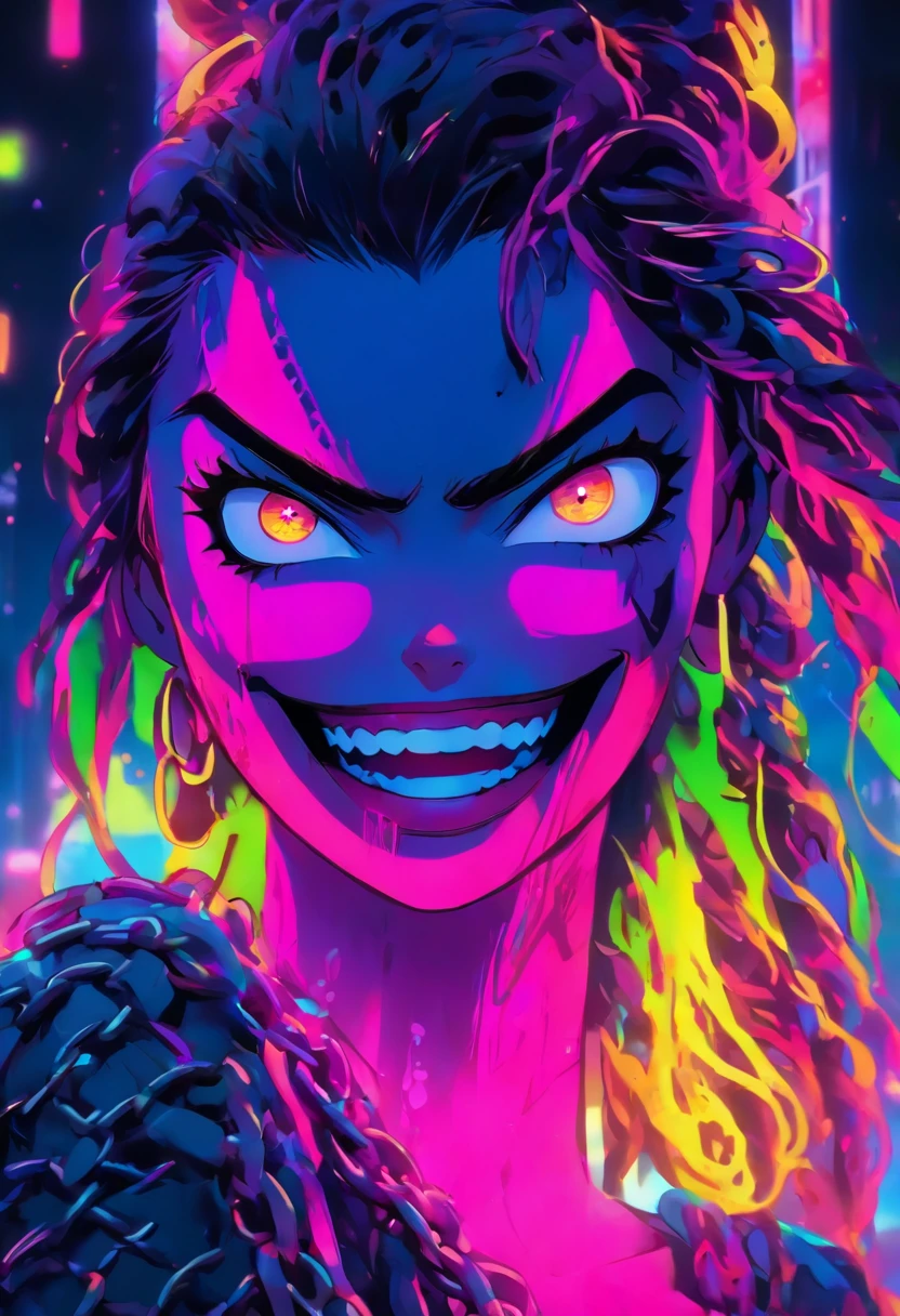 a digital painting of a woman with chains around her neck, intricate artwork. neon eyes, dripping in neon paint, neon vibes, neon and dark, neon operator margot robbie, airbrush digital art, neon digital art, airbrush art, neon ink, inspired by Mike Winkelmann, stunning artwork, 3 d neon art of a womens body, vibrant colors hyper realism