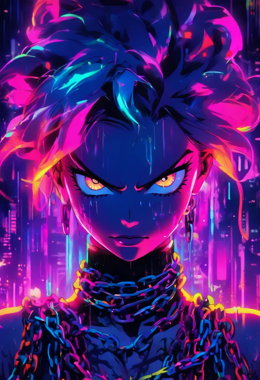 a digital painting of a woman with chains around her neck, intricate artwork. neon eyes, dripping in neon paint, neon vibes, neon and dark, neon operator margot robbie, airbrush digital art, neon digital art, airbrush art, neon ink, inspired by Mike Winkelmann, stunning artwork, 3 d neon art of a womens body, vibrant colors hyper realism