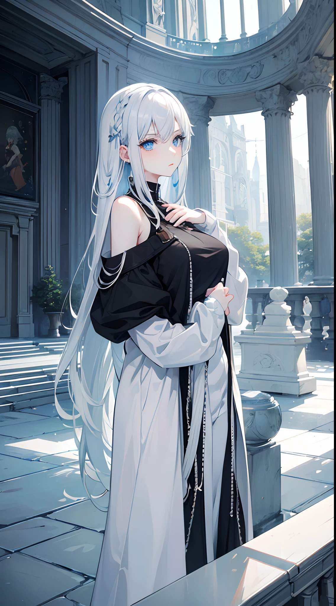 masterpiece, highlydetailed, ultra-detailed, cold, solo, (1woman), (pale skin), icyblue eyes, frosty white hair, young lady, medium breasts, goddess, cool kuudere woman, (sci-fi), (modern casual clothes), sleepy, lazy, flat expression, (polite clothes), (close clothes), (future clothes), (black clothes), model, actress