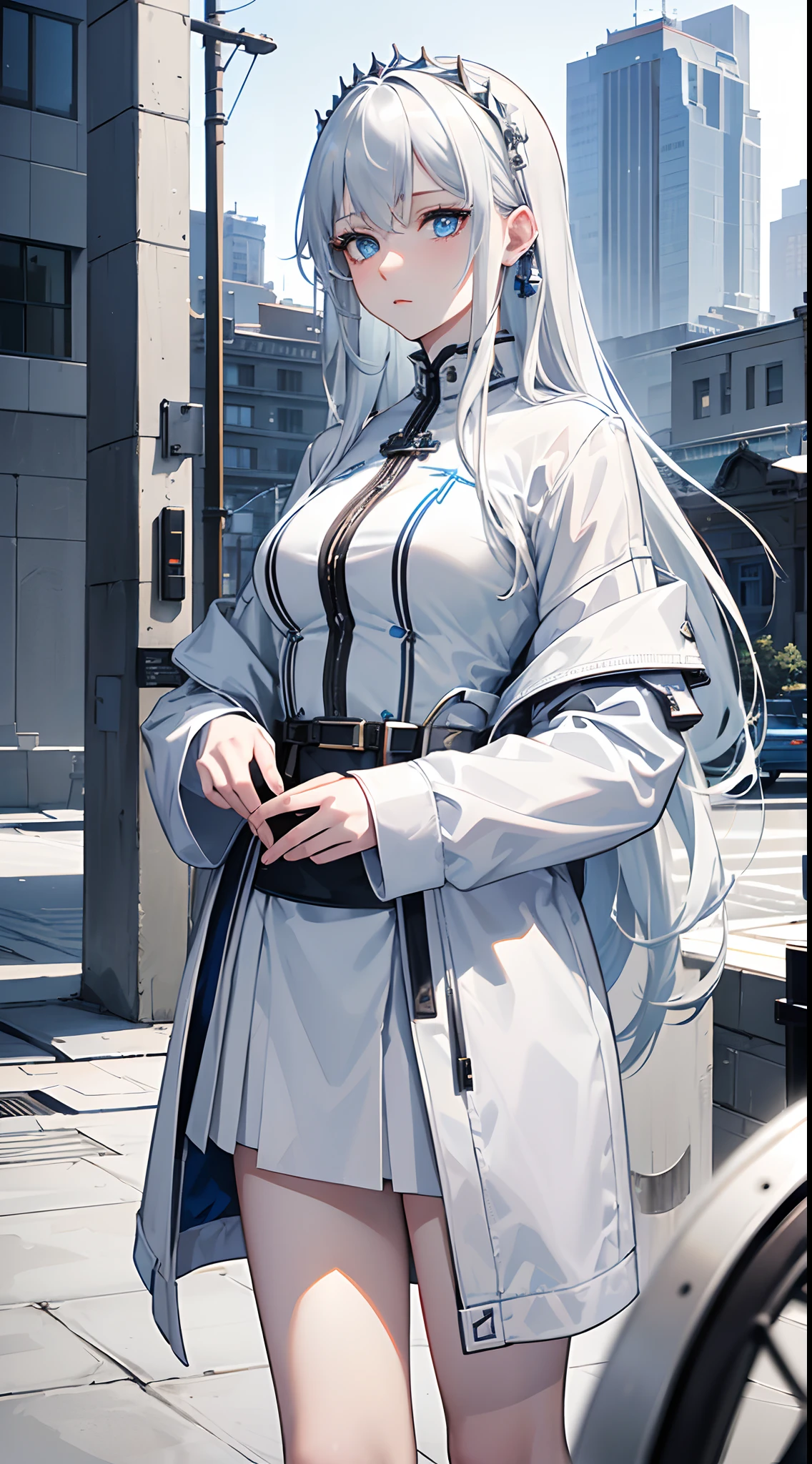 masterpiece, highlydetailed, ultra-detailed, cold, solo, (1woman), (pale skin), icyblue eyes, frosty white hair, young lady, medium breasts, goddess, cool kuudere woman, (sci-fi), (modern casual clothes), sleepy, lazy, flat expression, (polite clothes), (close clothes), (future clothes), (black clothes), model, actress