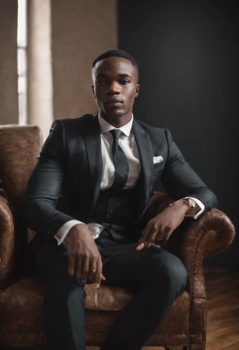 jeune homme noir africain, Wearing modern singing artist clothes sitting in an armchair, Very realistic abstract studio photo background, fantaisique, Shot with a professional camera with moderate depth of field, corps complet