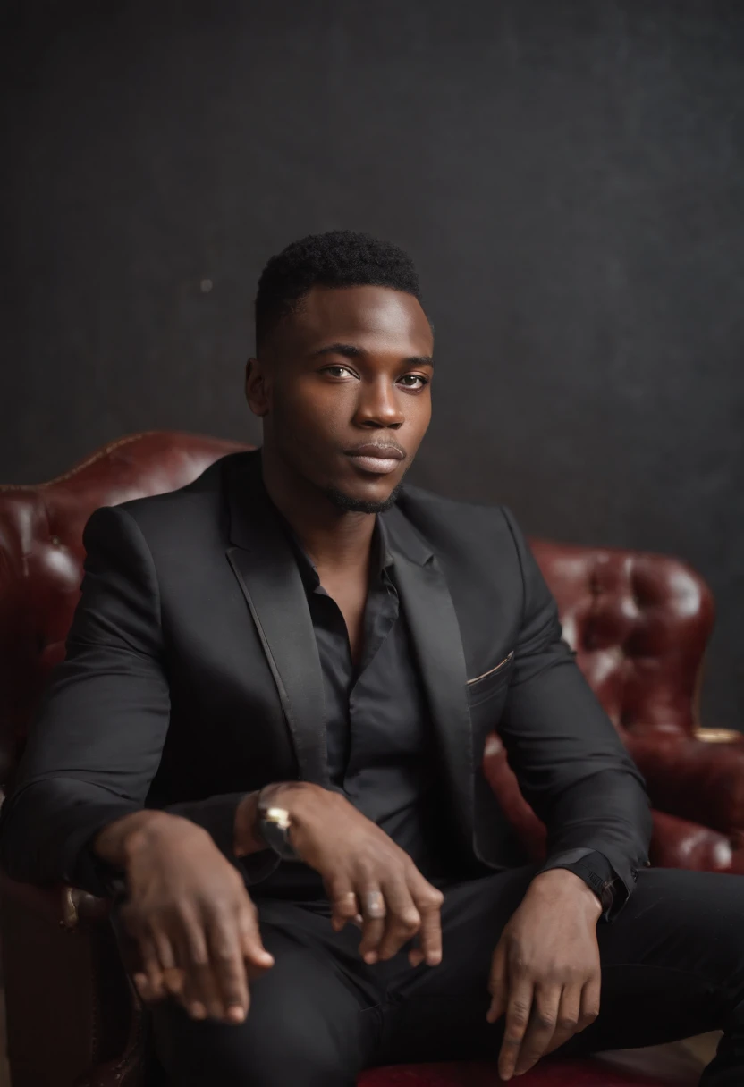 jeune homme noir africain, Wearing modern singing artist clothes sitting in an armchair, Very realistic abstract studio photo background, fantaisique, Shot with a professional camera with moderate depth of field, corps complet