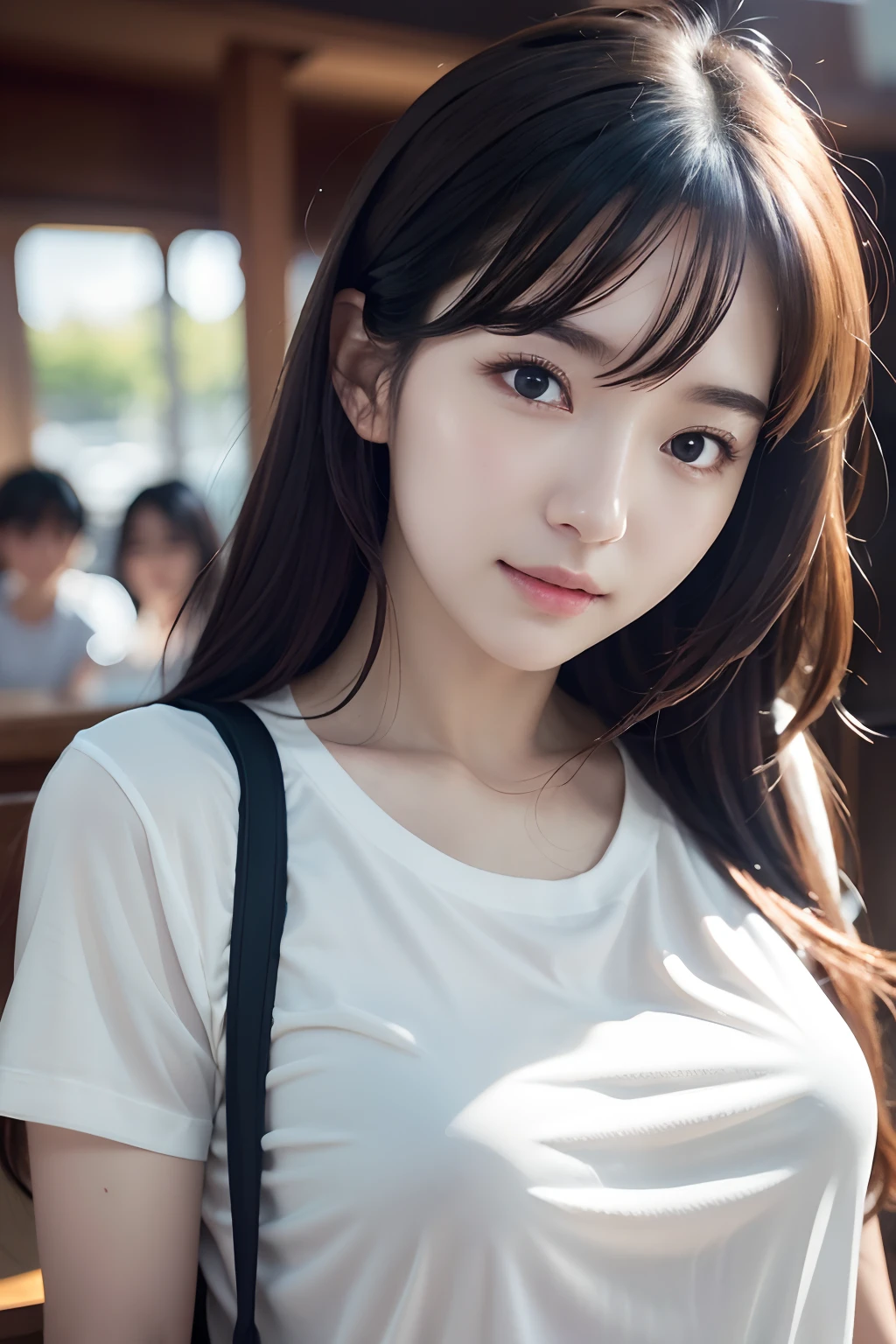 clothed、(photo real:1.4)、(Hyperrealistic:1.4)、(Realstic:1.3)、
(Smoother lighting:1.05)、(Improved lighting quality in movies:0.9)、32K、
1女の子、20歳の女の子、Realistic lighting、Backlit、Facial light、ray trace、(Brightening light:1.2)、(Increase quality:1.4)、
(best quality real texture skin)、Fine eyes、finerly detailed face、
(Tired, sleepy and satisfied:0.0)、close-up face、T‐shirt、
(Bodyline mood improvement:1.1)、Glossy skin、actress、korean idol、Nogizaka Idol、hposing Gravure Idol