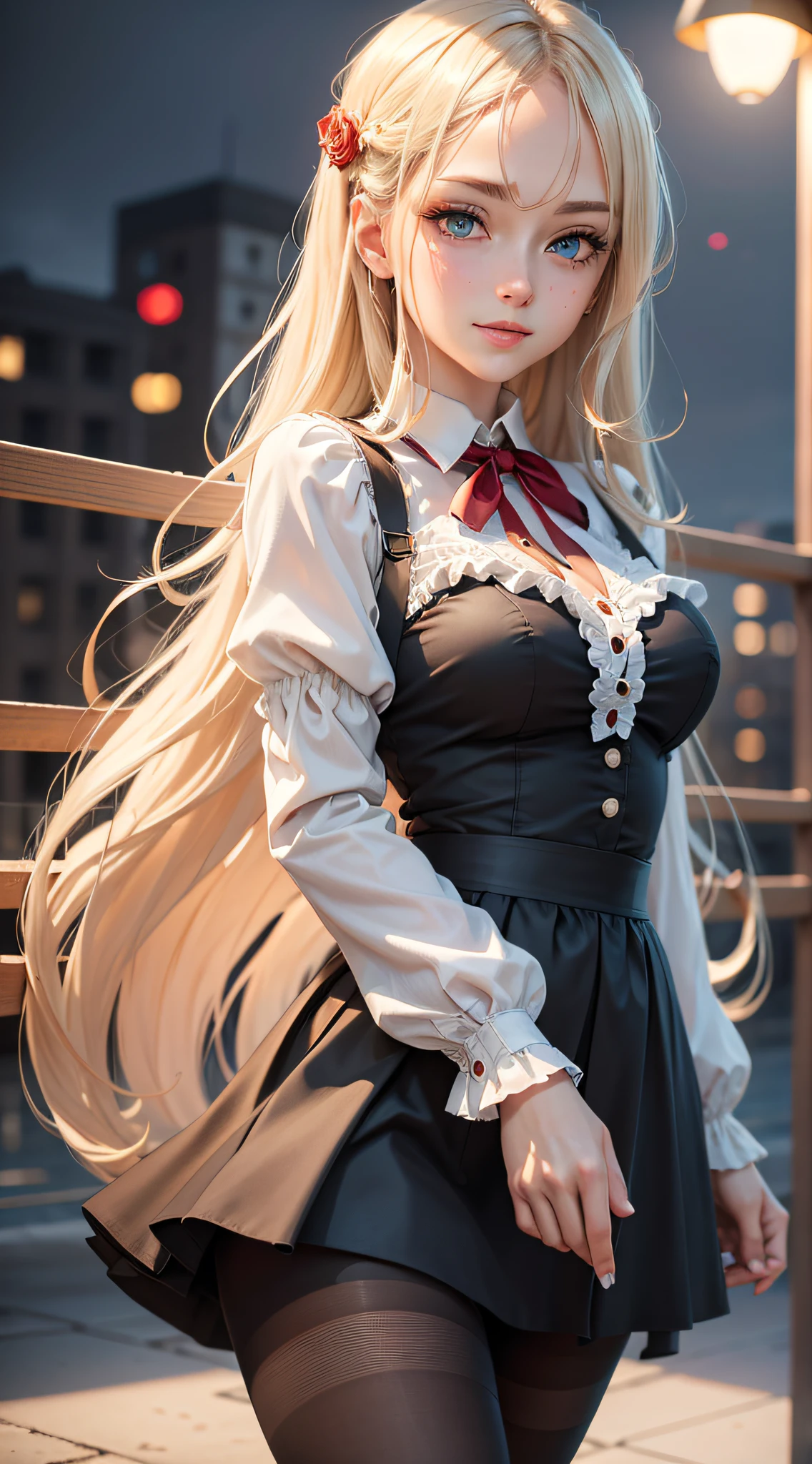 masterpiece, best quality, absurdres, looking at viewer, solo, rita rossweisse (summer night's dream), rita rossweisse, shirt, pantyhose, red rose, blue eyes, blonde hair, long sleeves, mole under eye, (hair over one eye), frilled shirt, white shirt, seductive smile, (ulzzang-6500:0.8), long hair, day, outdoors black pantyhose